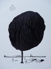 Tree and Saucers - Original woodcut - 1978