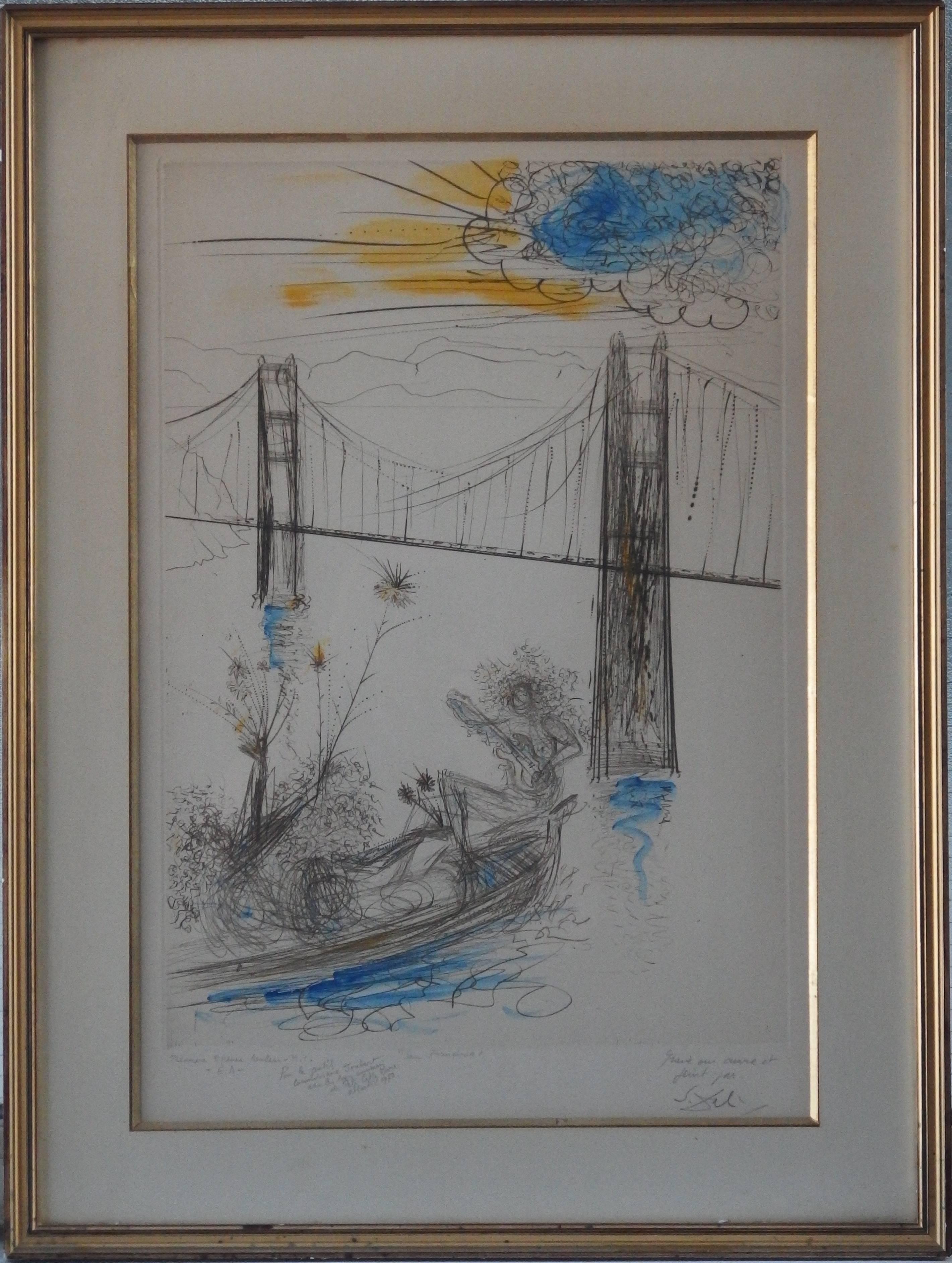 Salvador Dalí Landscape Print - Golden Gate Bridge San Francisco - Original etching handpainted & signed #UNIQUE