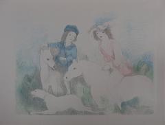 Two Girls with Horses and Dog - Signed Stone Lithograph - 1928