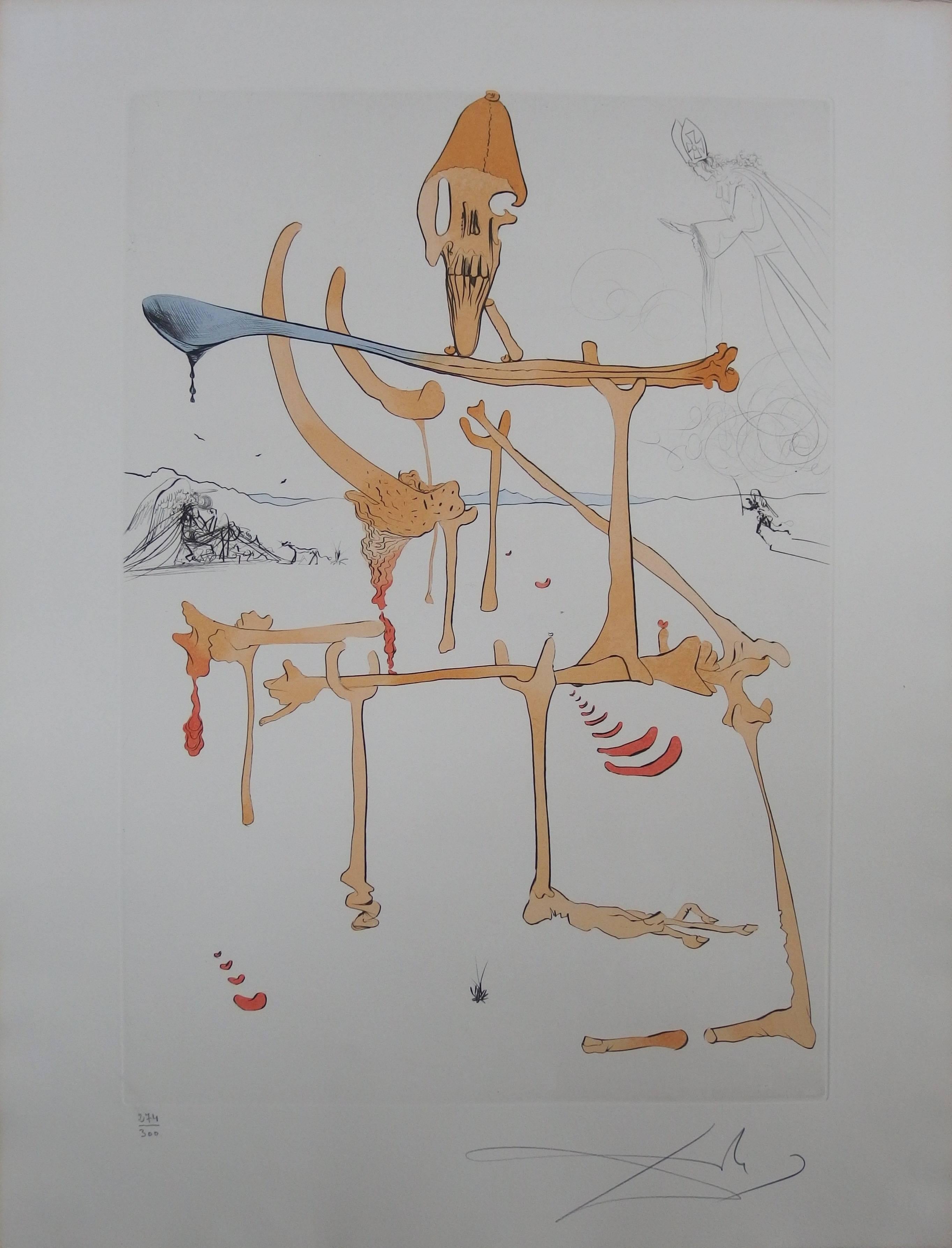 Salvador Dalí Figurative Print - Landscape with skeleton, original etching and pochoir - handsigned