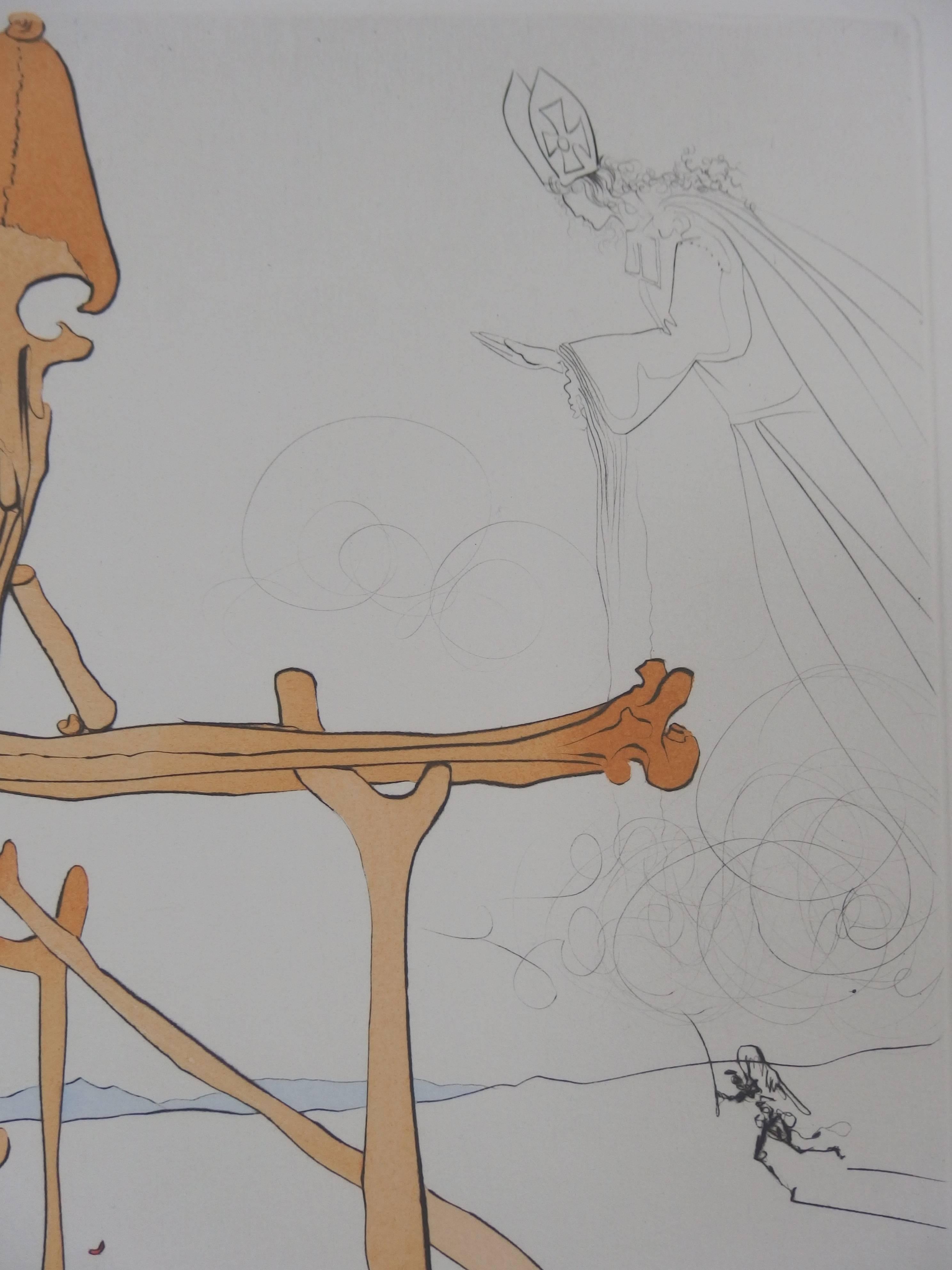 Landscape with skeleton, original etching and pochoir - handsigned - Surrealist Print by Salvador Dalí