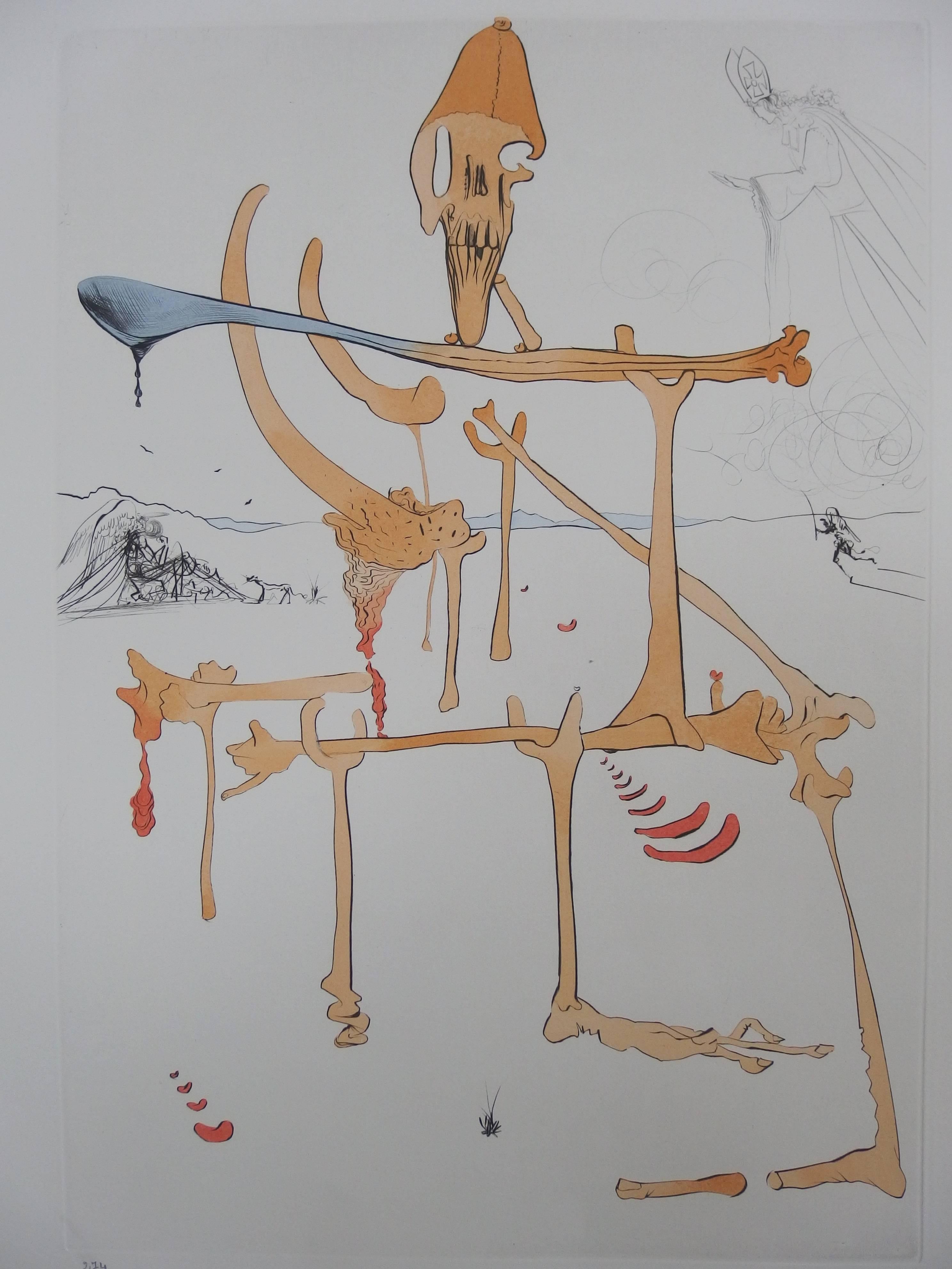 Landscape with skeleton, original etching and pochoir - handsigned - Print by Salvador Dalí