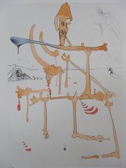 Landscape with skeleton, original etching and pochoir - handsigned