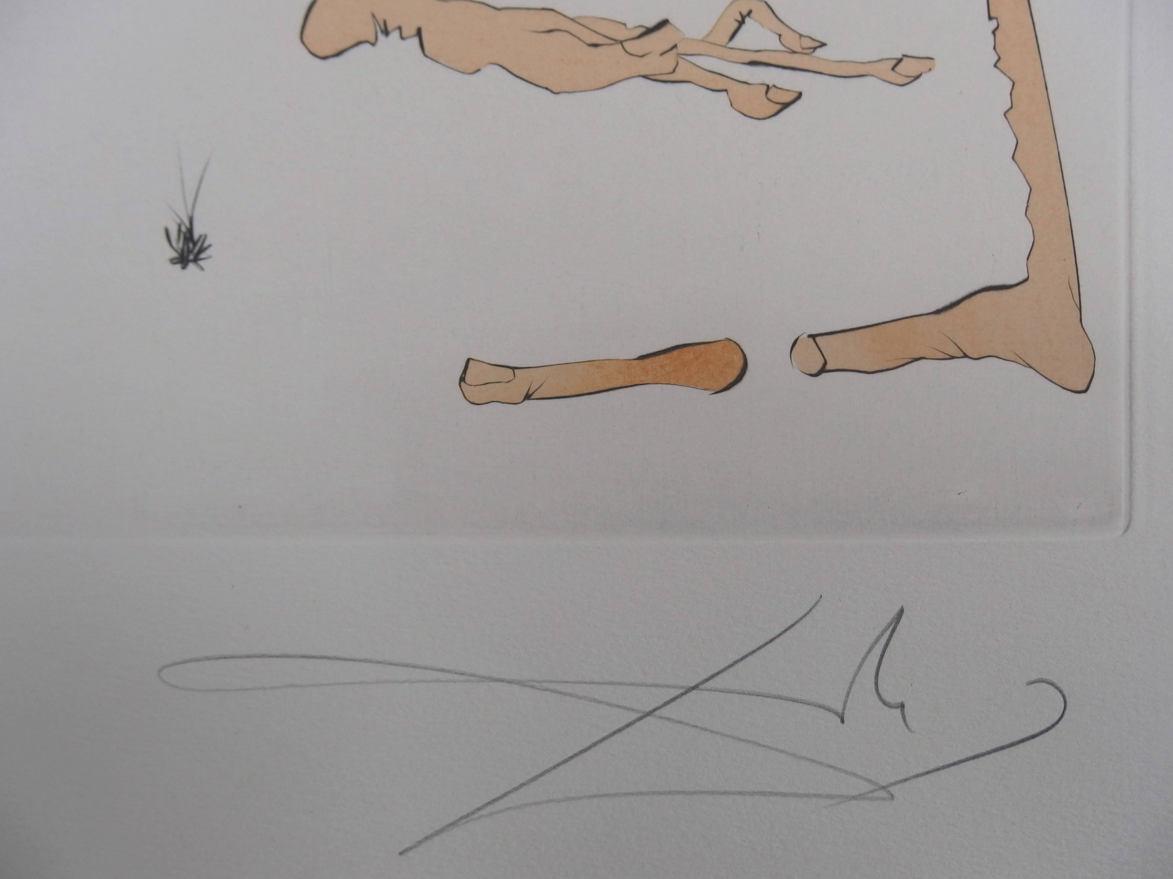 Landscape with skeleton, original etching and pochoir - handsigned - Gray Figurative Print by Salvador Dalí