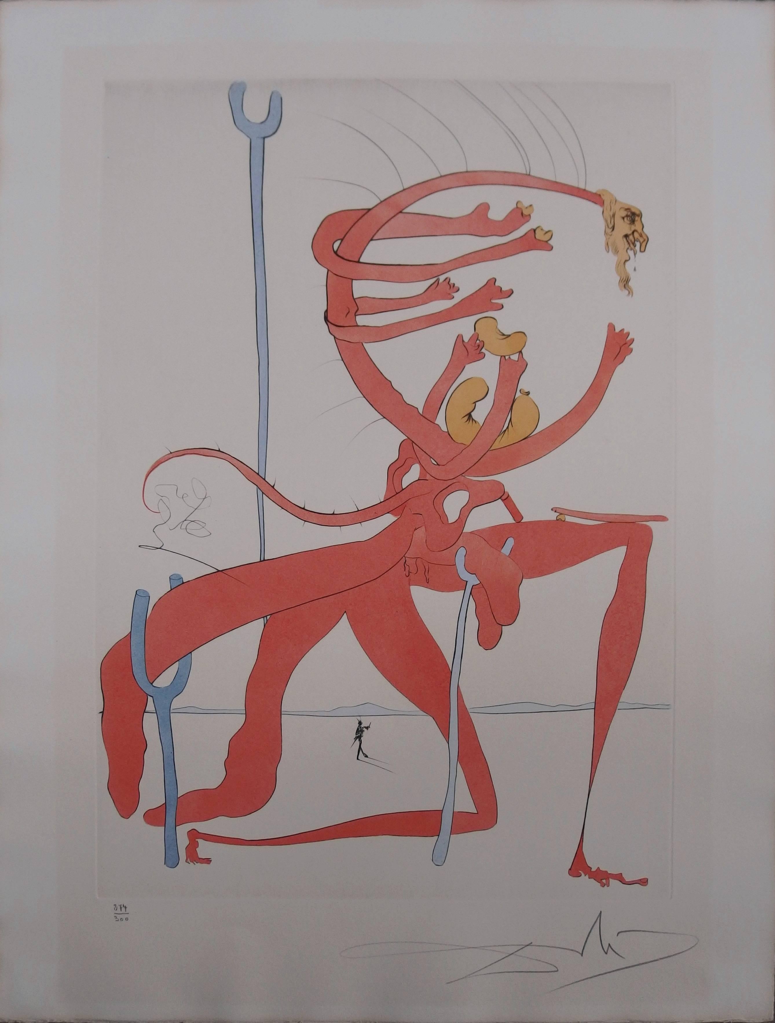 Salvador Dalí Figurative Print - Figure rouge avec portrait ("Red"),  original etching, Handsigned 