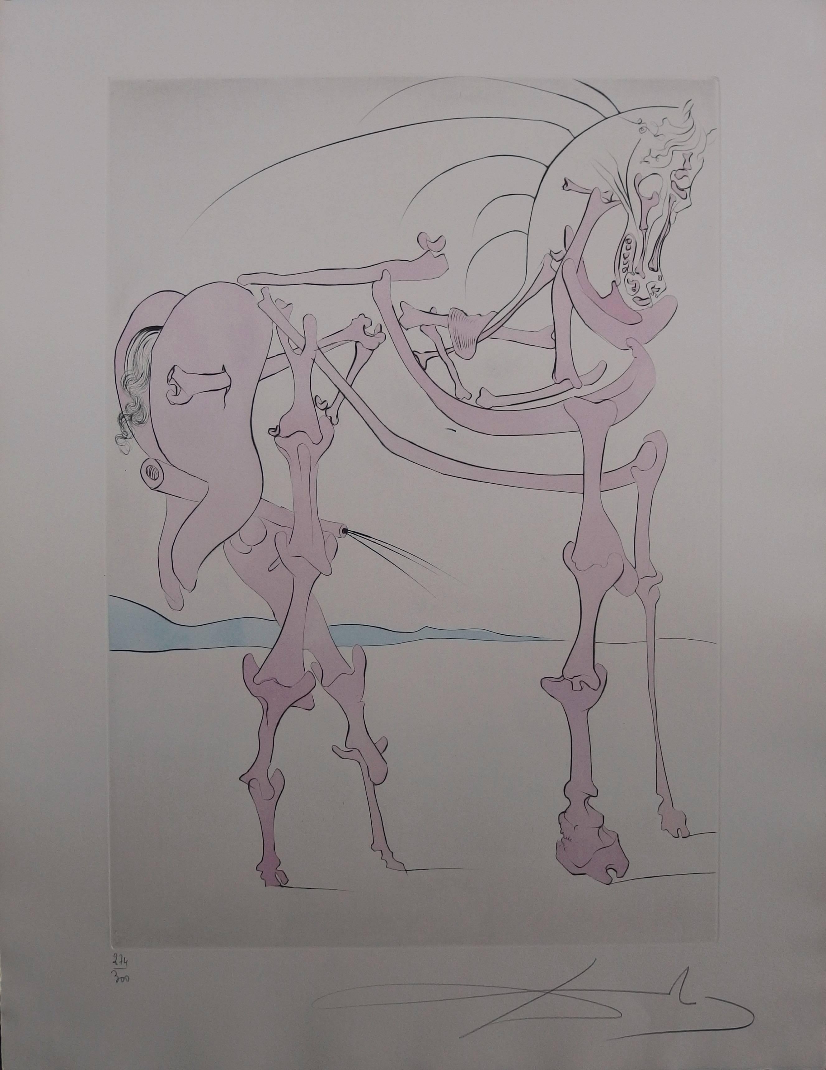 Salvador Dalí Figurative Print - Cheval en rose ("rosy horse"), Original etching, Handsigned