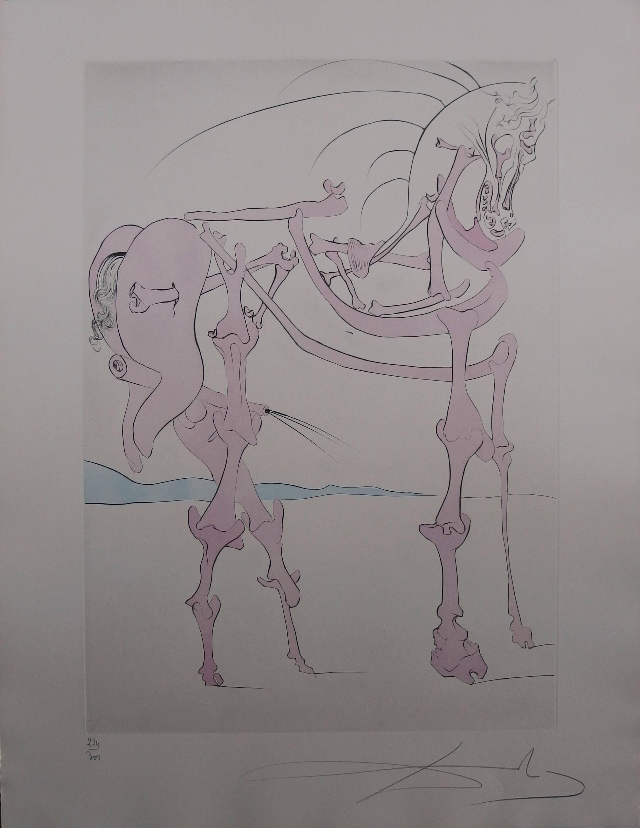 Salvador Dalí Figurative Print - Cheval en rose ("rosy horse"), Original etching, Handsigned 