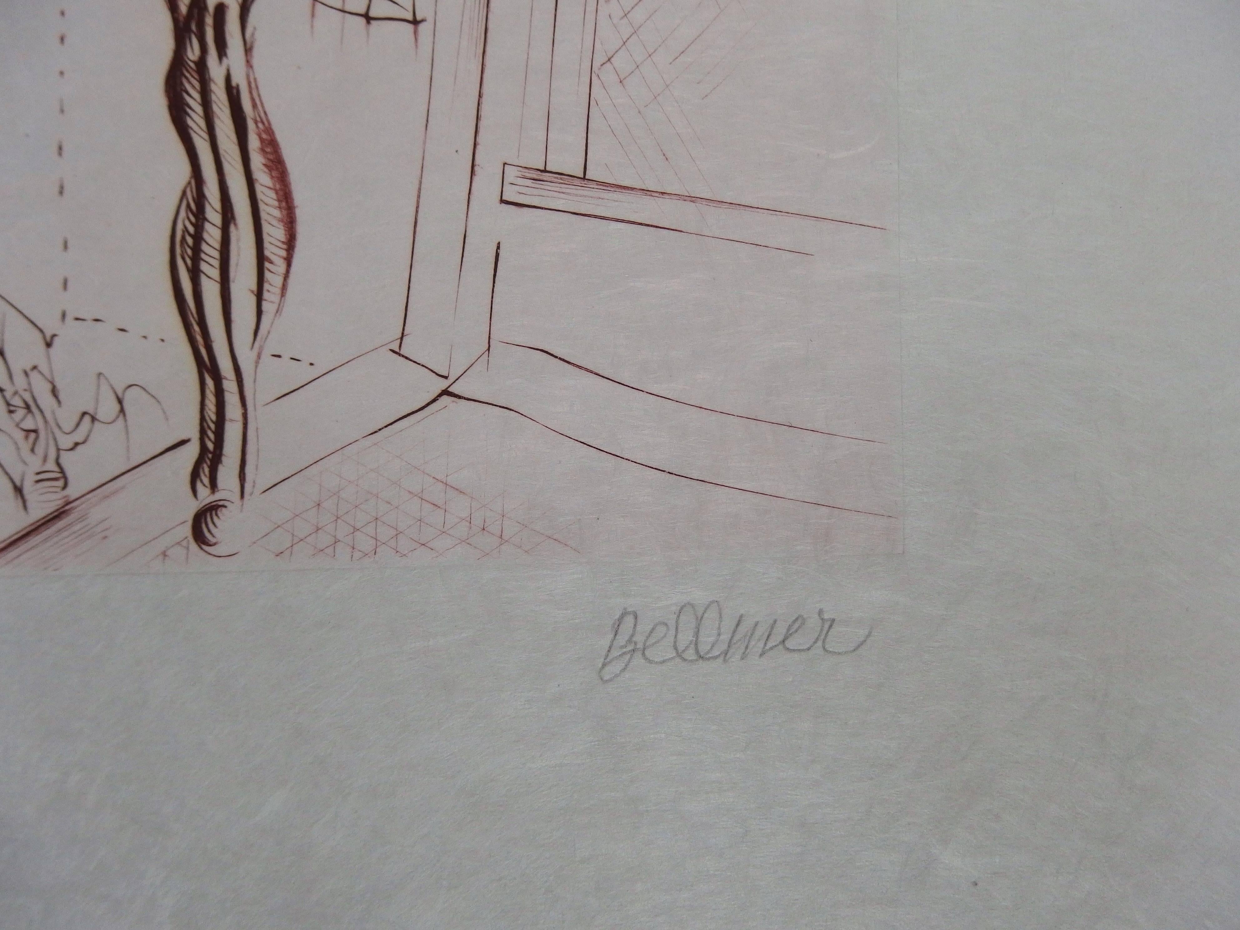 Nudefarbener Akt, Original-Radierung, handsigniert (Grau), Nude Print, von Hans Bellmer