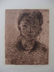 Young girl, Original etching, Signed (1873)