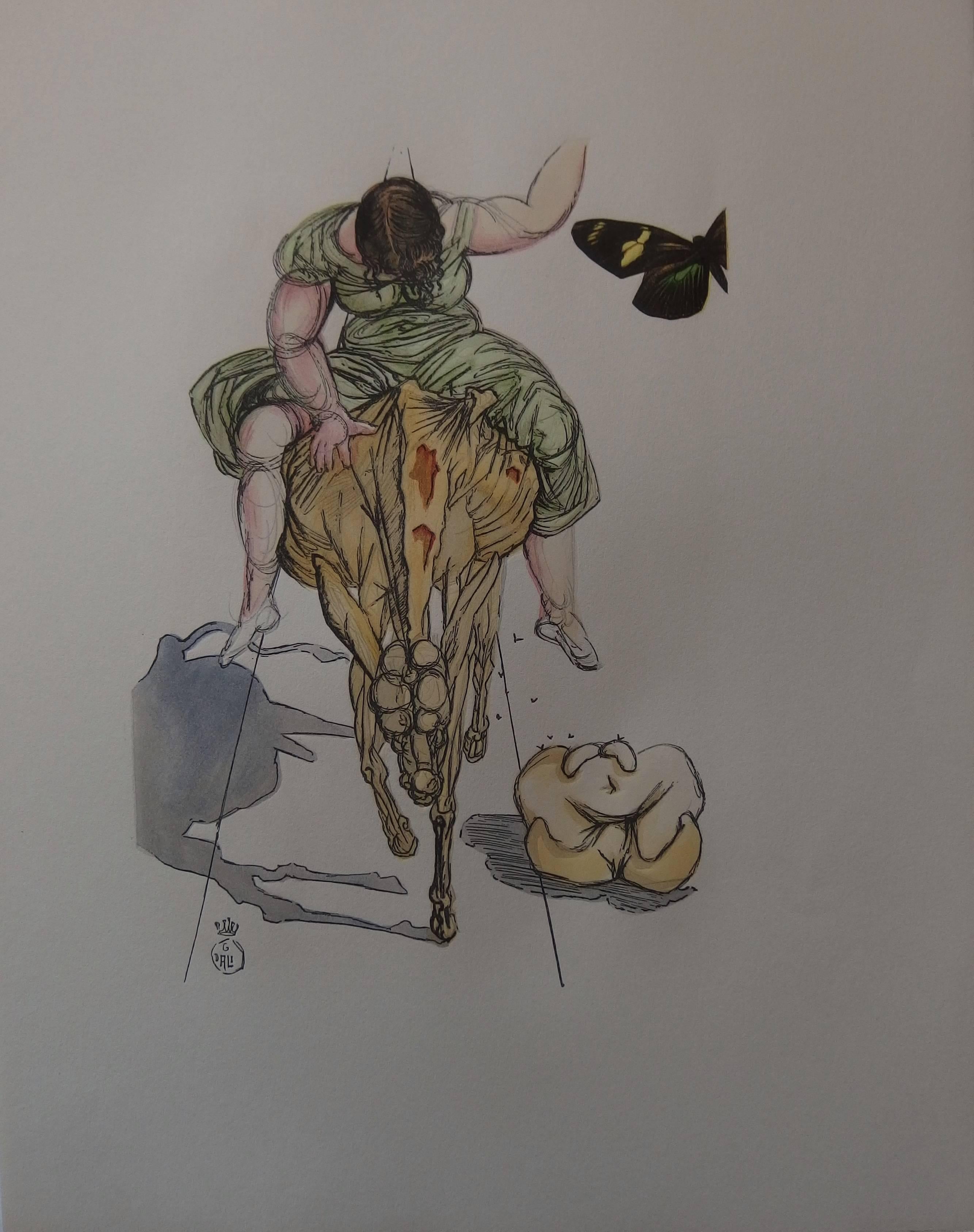 Salvador Dalí Figurative Print - Tricorne : On the Donkey with Butterfly - Original signed woodcut - 1959