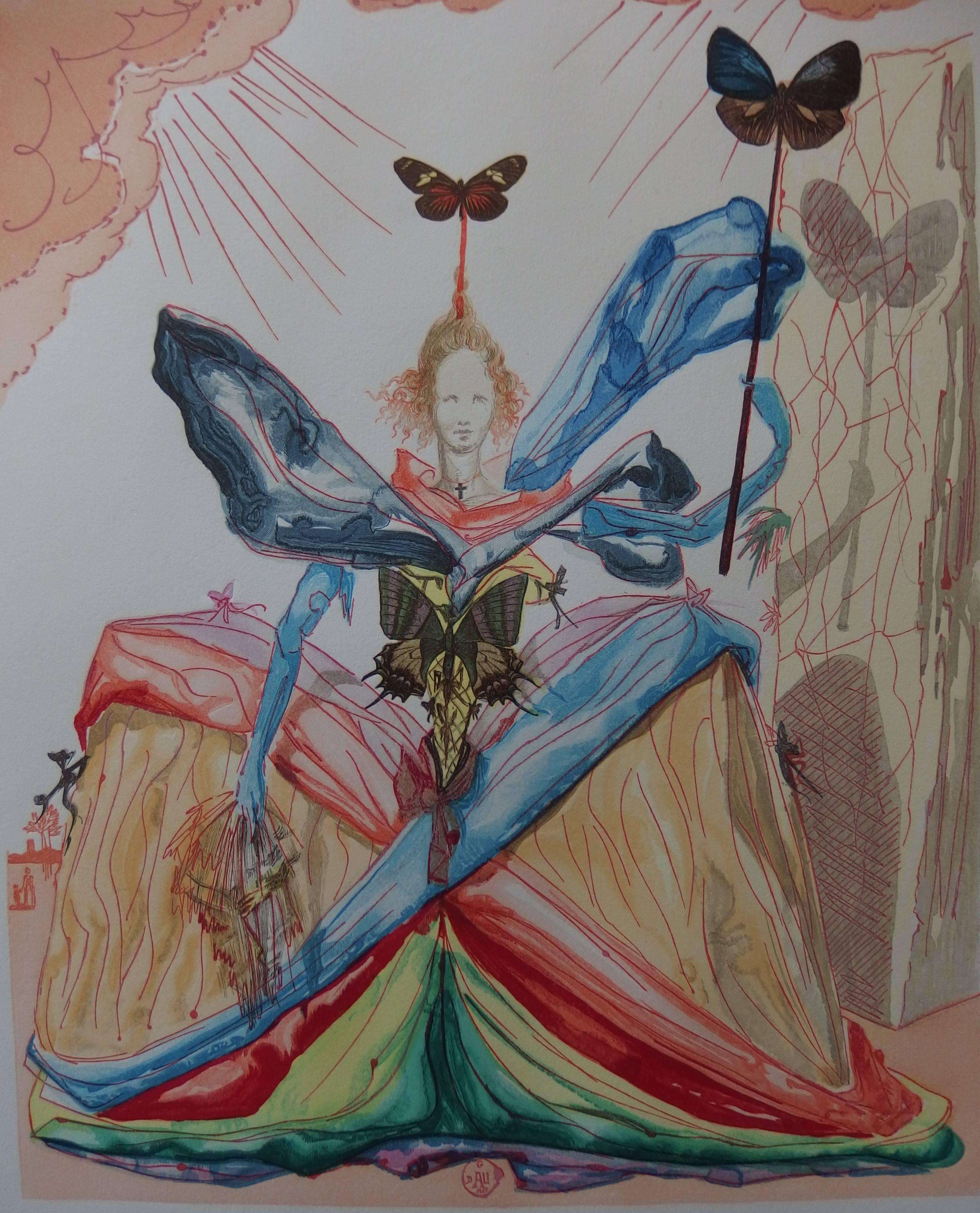 Tricorne : Woman with Butterflies - Original signed woodcut - 1959 - Surrealist Print by Salvador Dalí