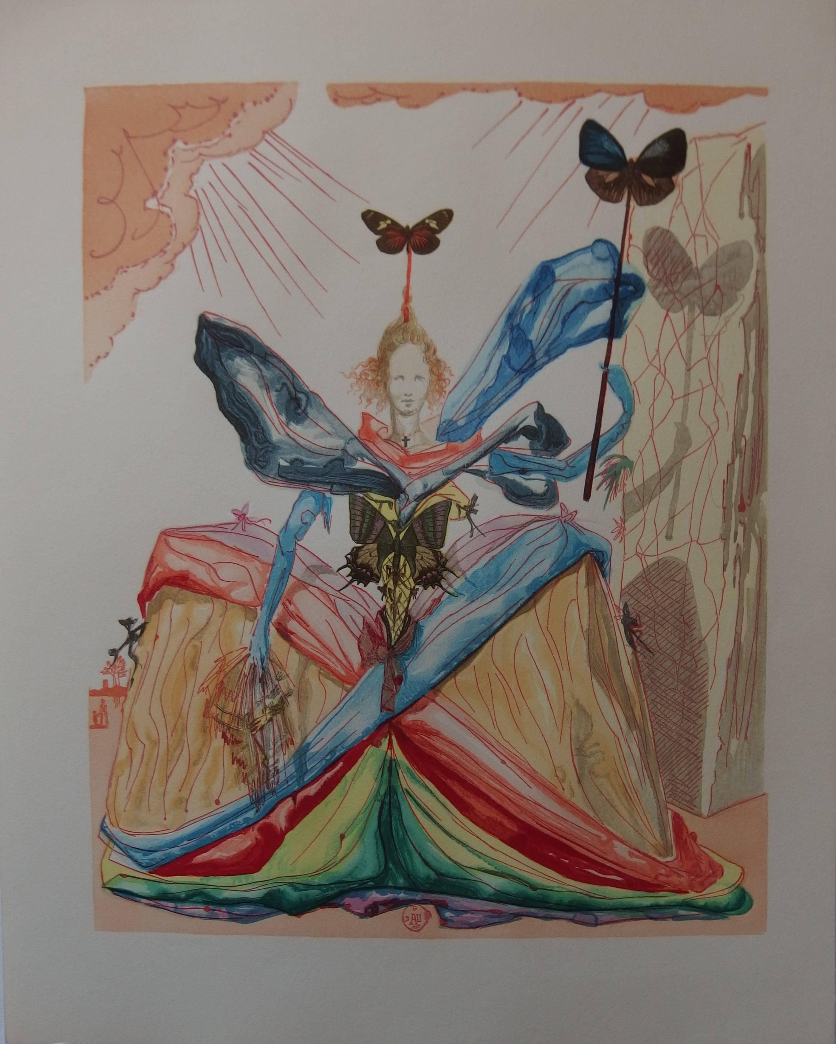 Salvador Dalí Figurative Print - Tricorne : Woman with Butterflies - Original signed woodcut - 1959
