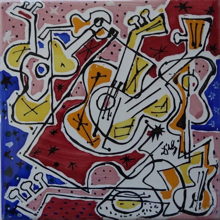 Salvador Dalí Figurative Sculpture - Spanish guitars - Original signed ceramic tile - 1954