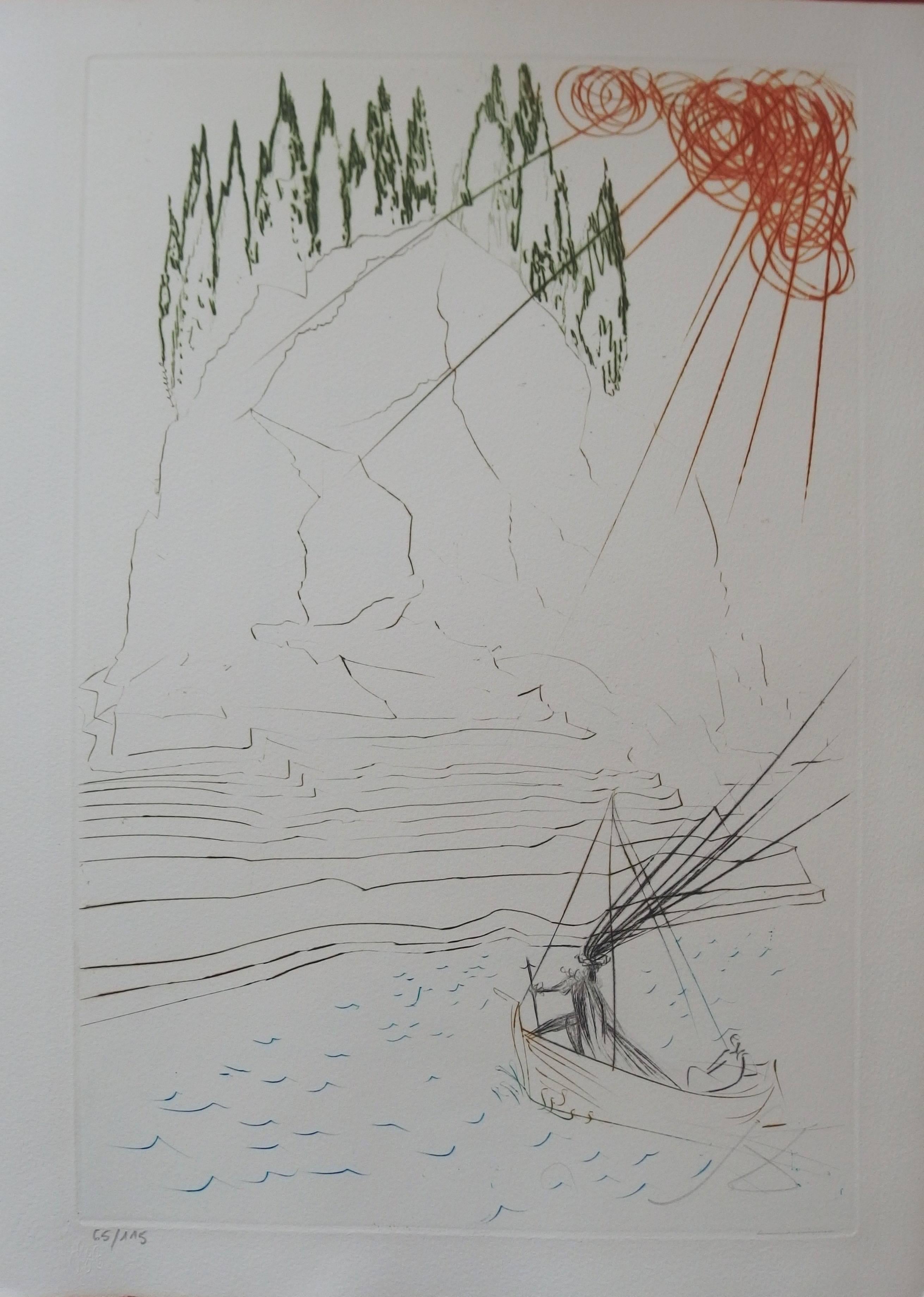 Salvador Dalí Landscape Print - Le combat avec le Morhoult ("The fight avec Morhoult") , Etching, Handsigned