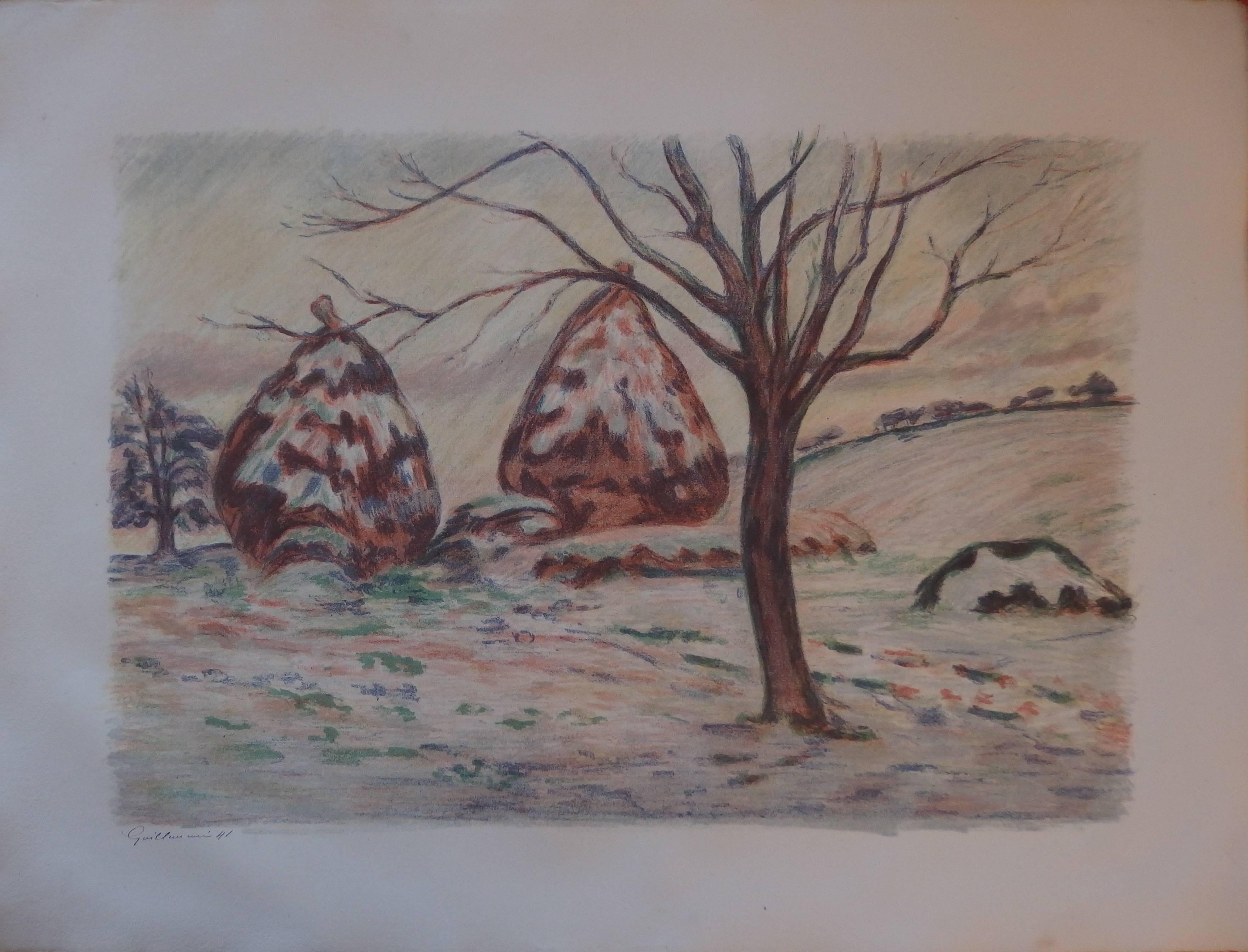 Haystacks in der Nähe von Palaiseau - Original handsignierte Lithographie - 100 Exemplare