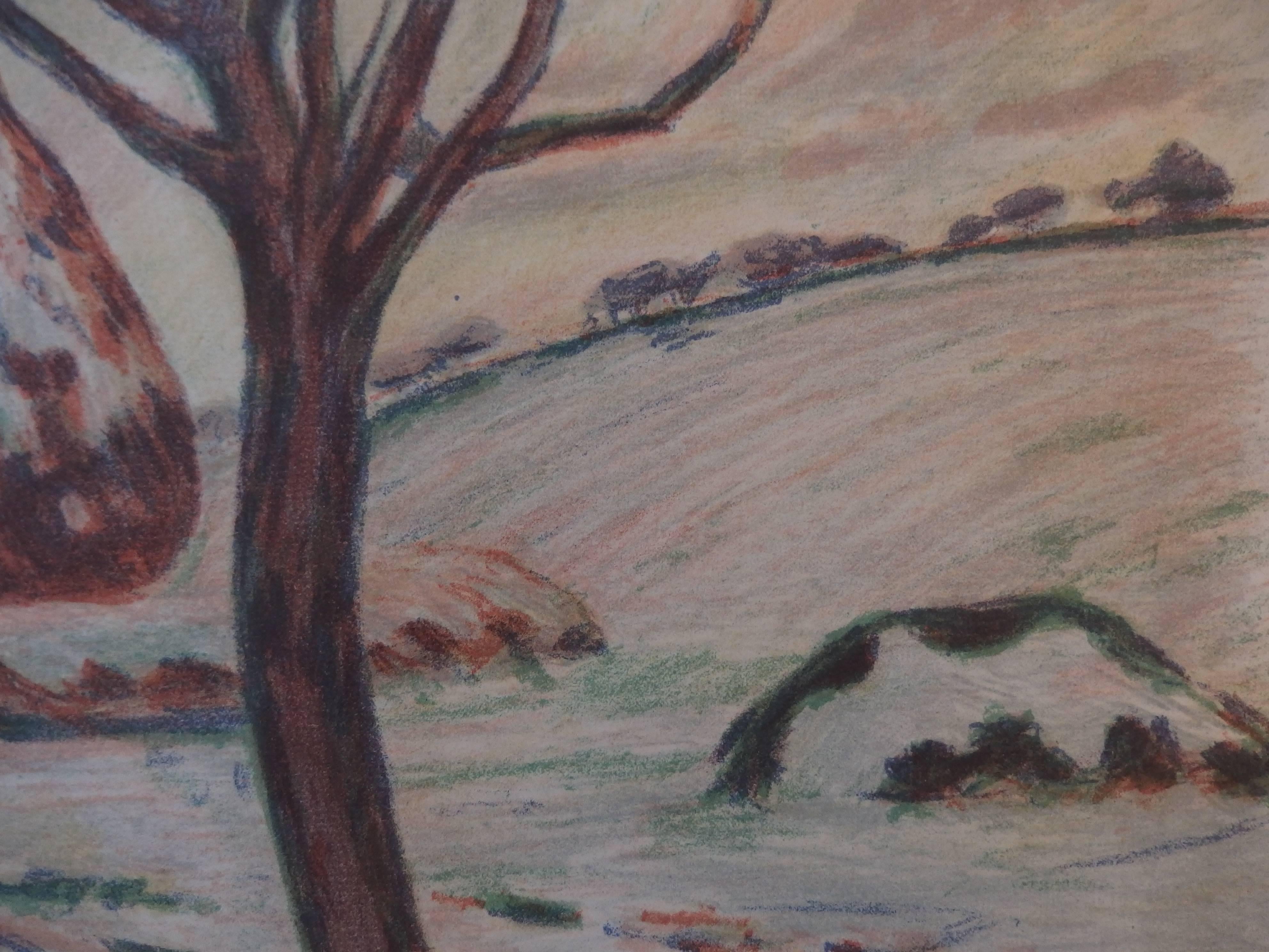 Haystacks near Palaiseau - Original handsigned lithograph - 100 copies - Post-Impressionist Print by Armand Guillaumin