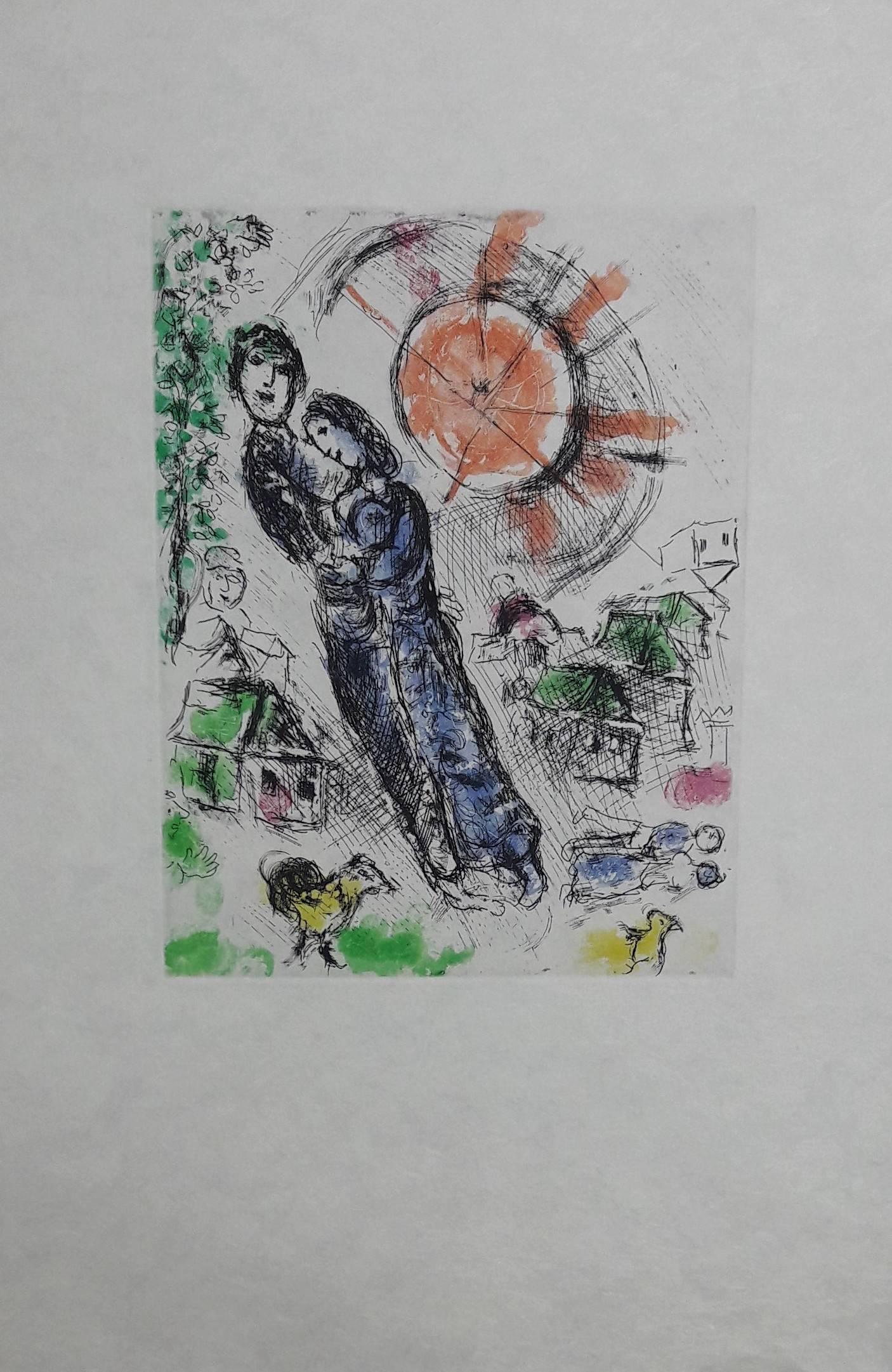 Marc Chagall Figurative Print - Soleil Aux Amoureux - Original Etching - Unique Trial Proof 