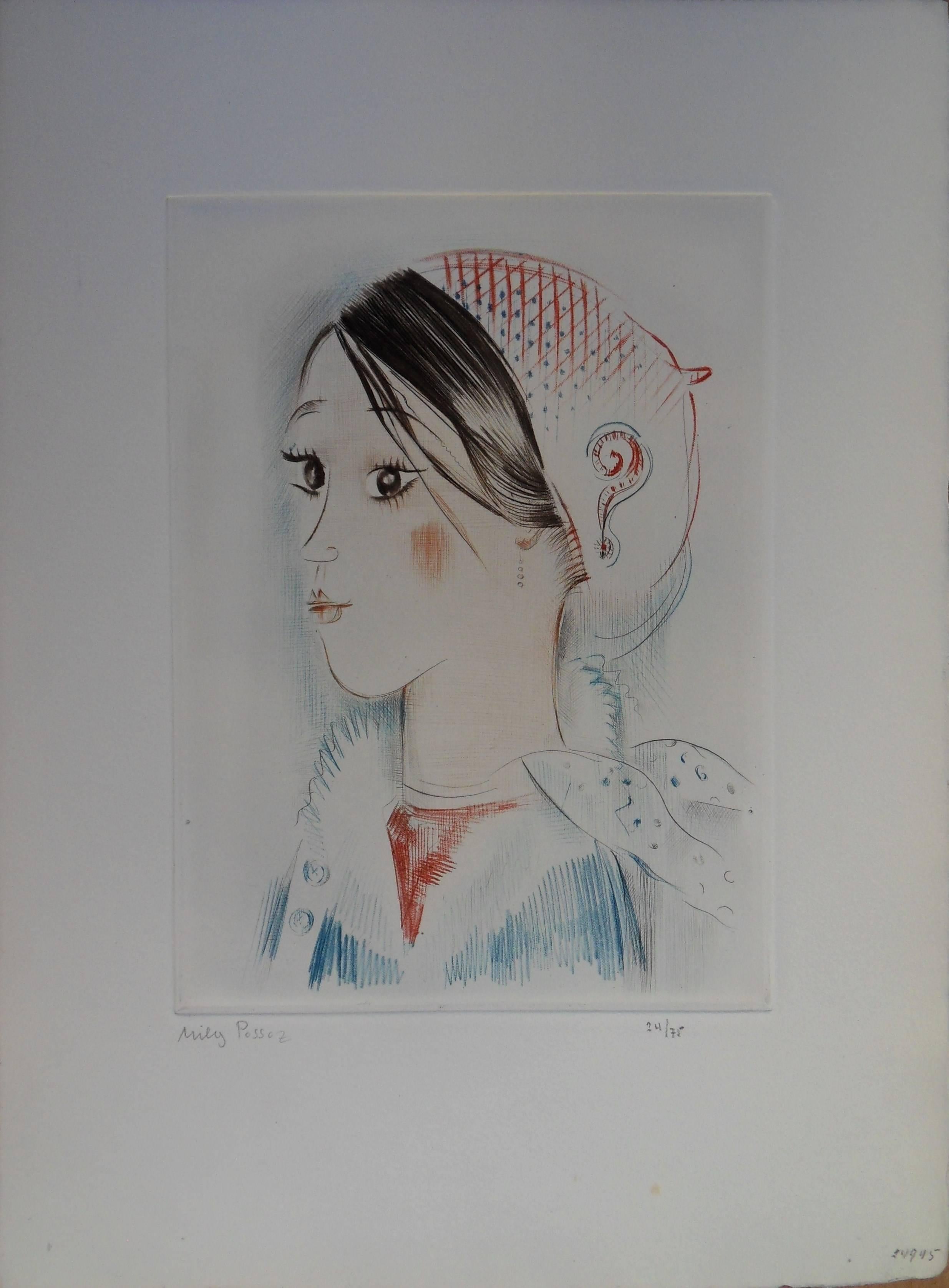 Young girl with ? - Original etching, handsigned