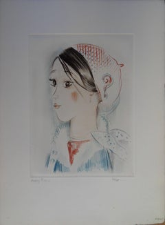 Antique Young girl with ? - Original etching, handsigned