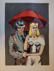 Hat Man and Blond Hair girl with Red Umbrella - Original handsigned lithograph