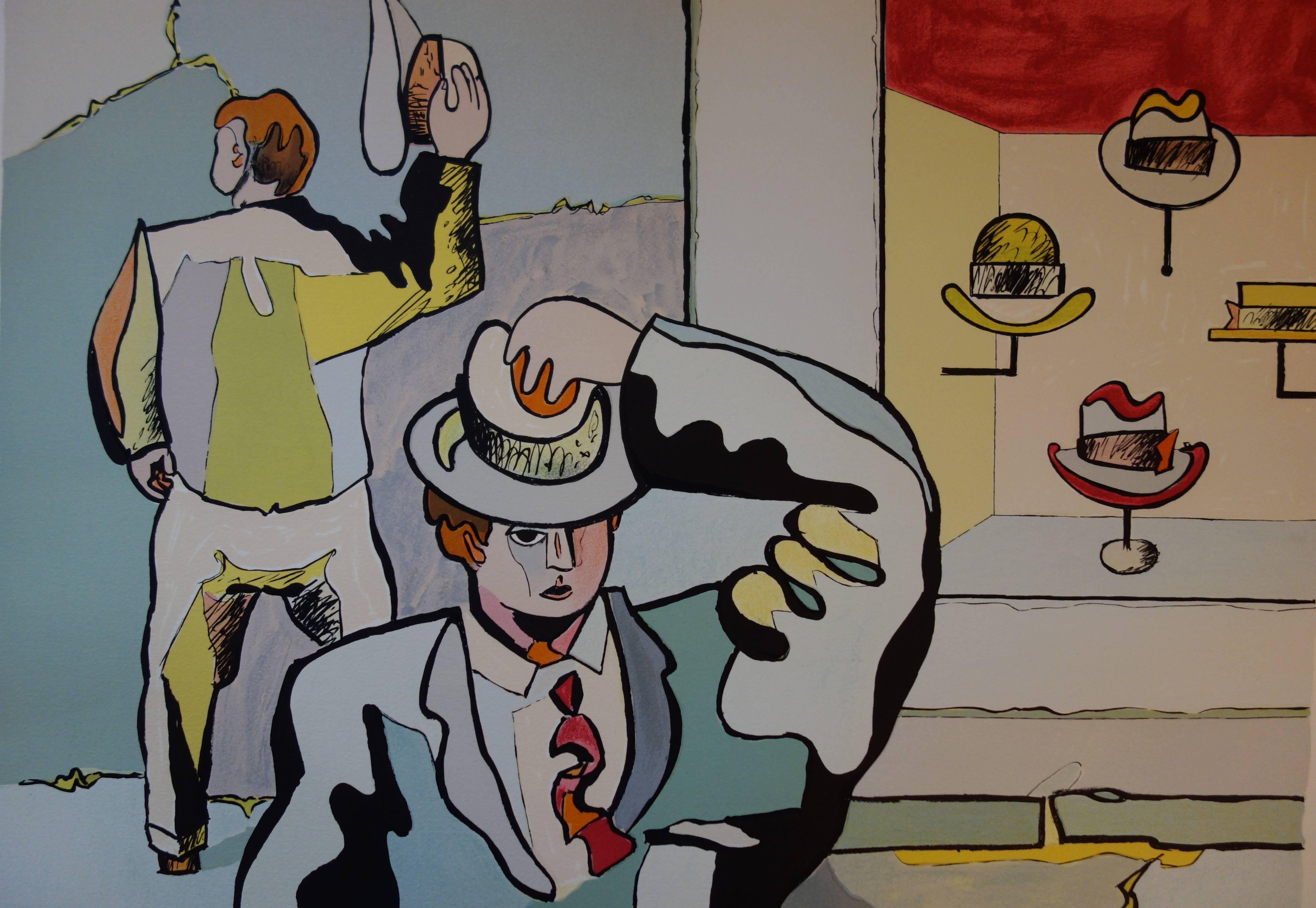 In the Hats Shop - Original handsigned lithograph - 100 copies - Gray Figurative Print by Jean Helion
