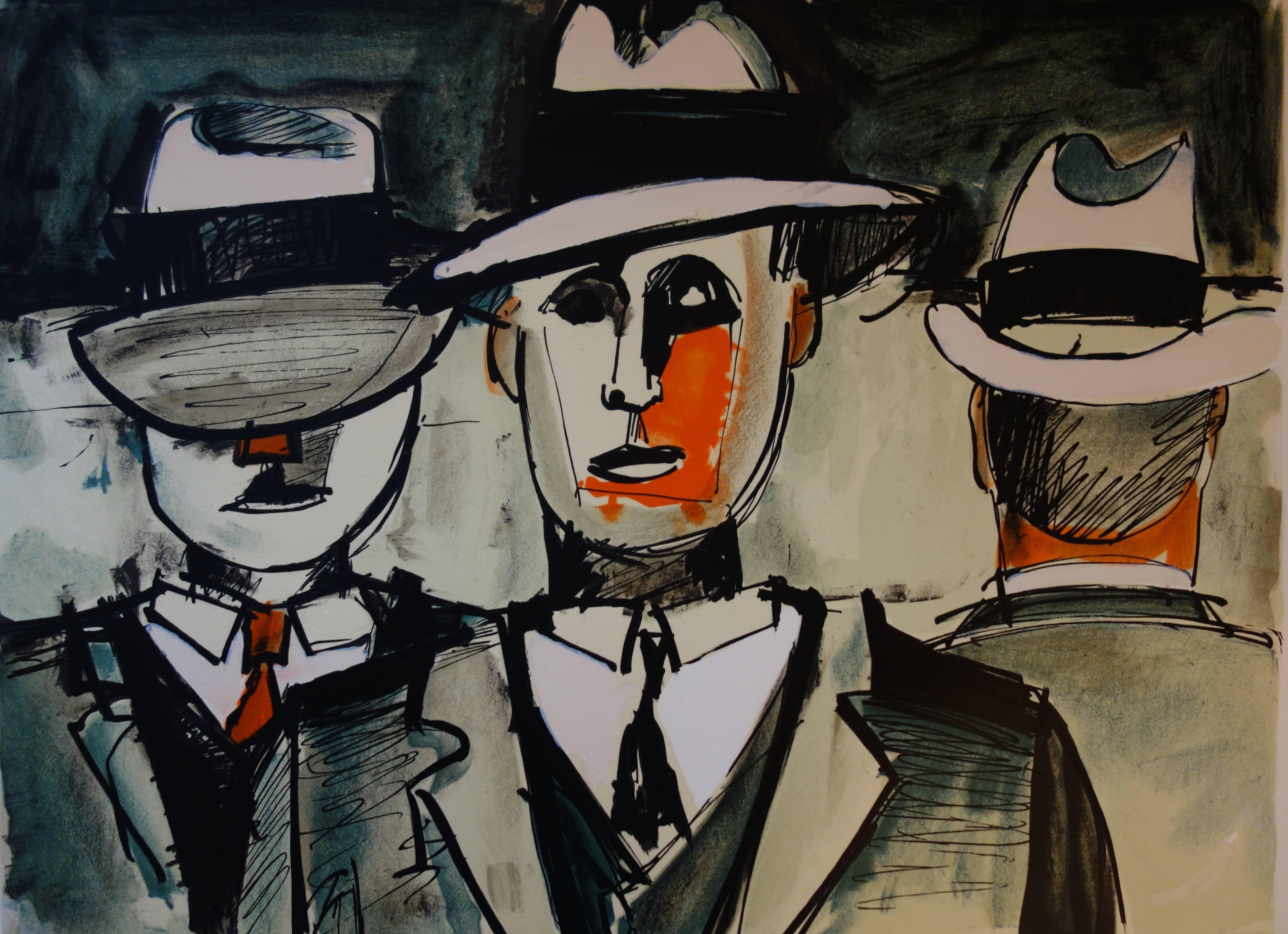 Trois Gangsters américains - Lithographie originale signée à la main - 100 exemplaires - Gris Figurative Print par Jean Helion