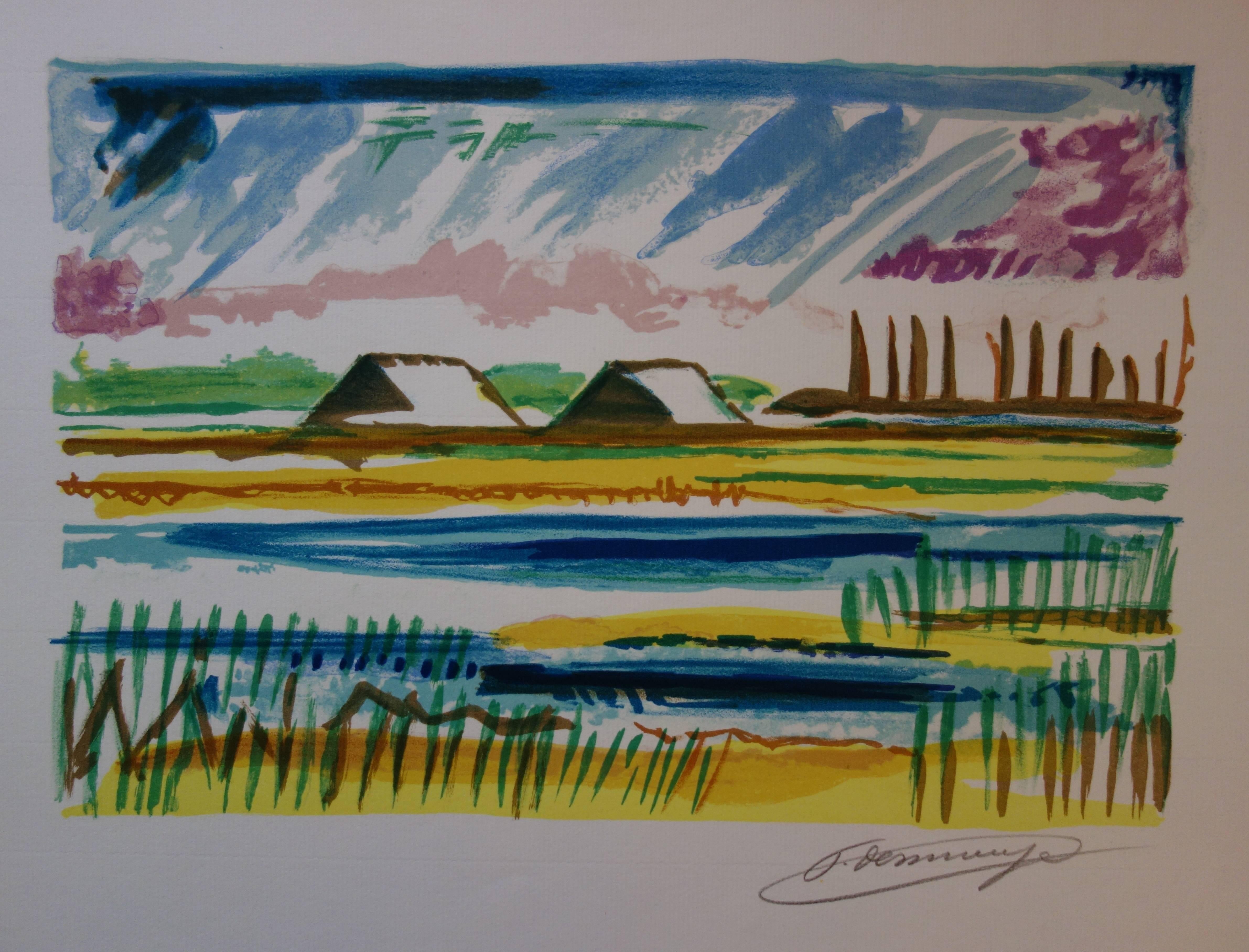 François Desnoyer Landscape Print - Salt Marshes - Original handsigned lithograph