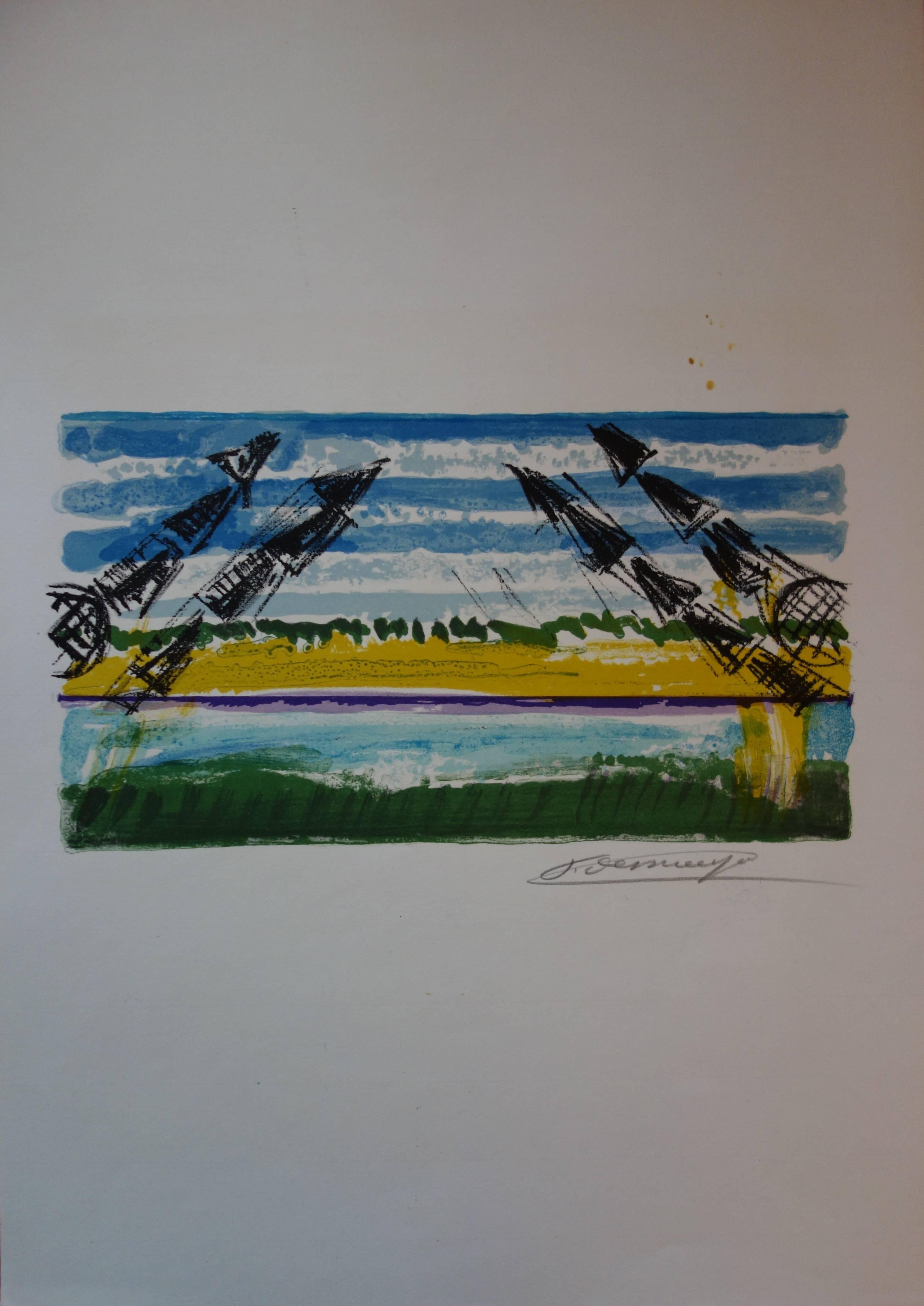 The Cranes - Original handsigned lithograph - Post-Impressionist Print by François Desnoyer