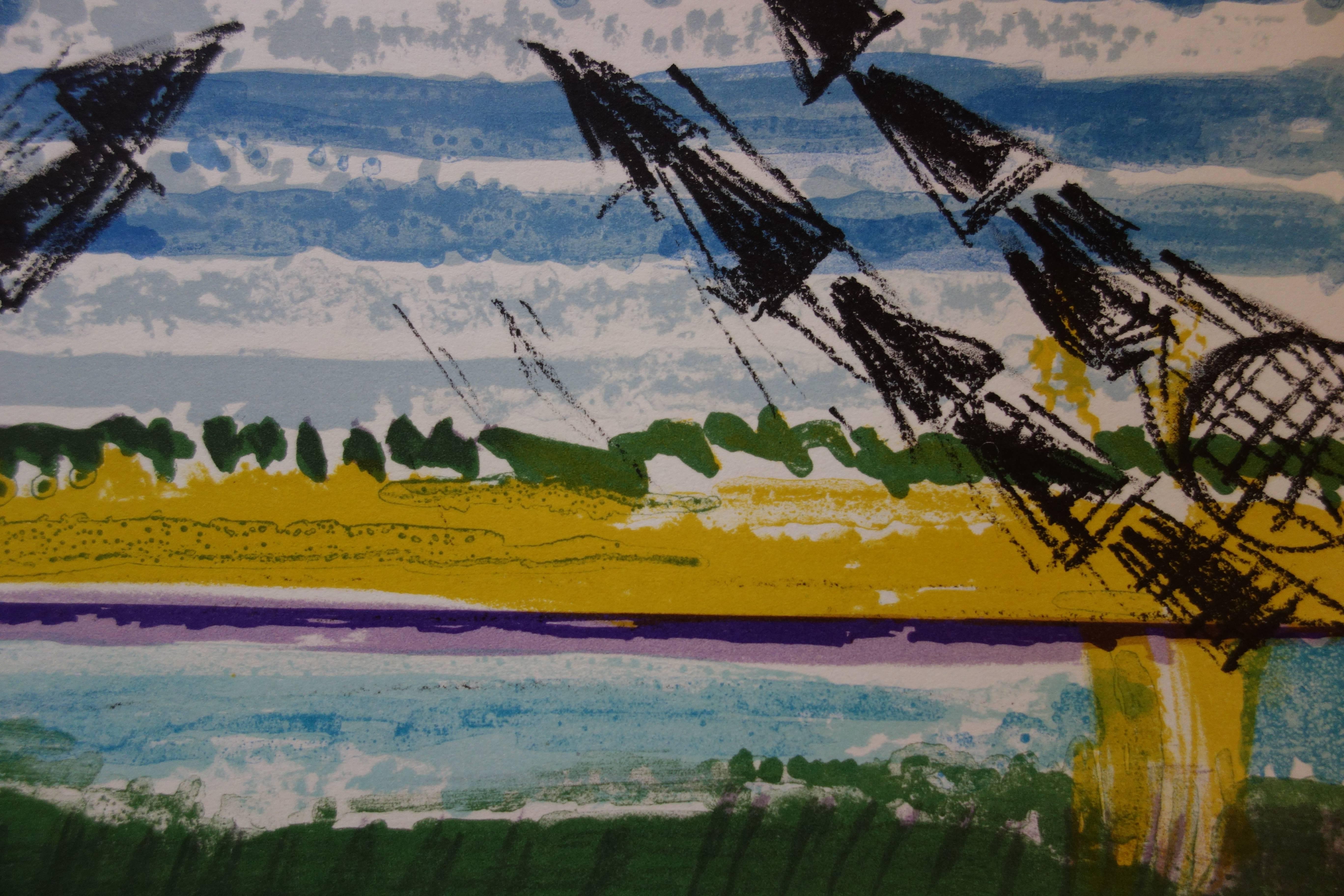 The Cranes - Original handsigned lithograph - Gray Landscape Print by François Desnoyer