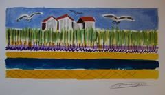 Small Houses near the Beach - Original handsigned lithograph