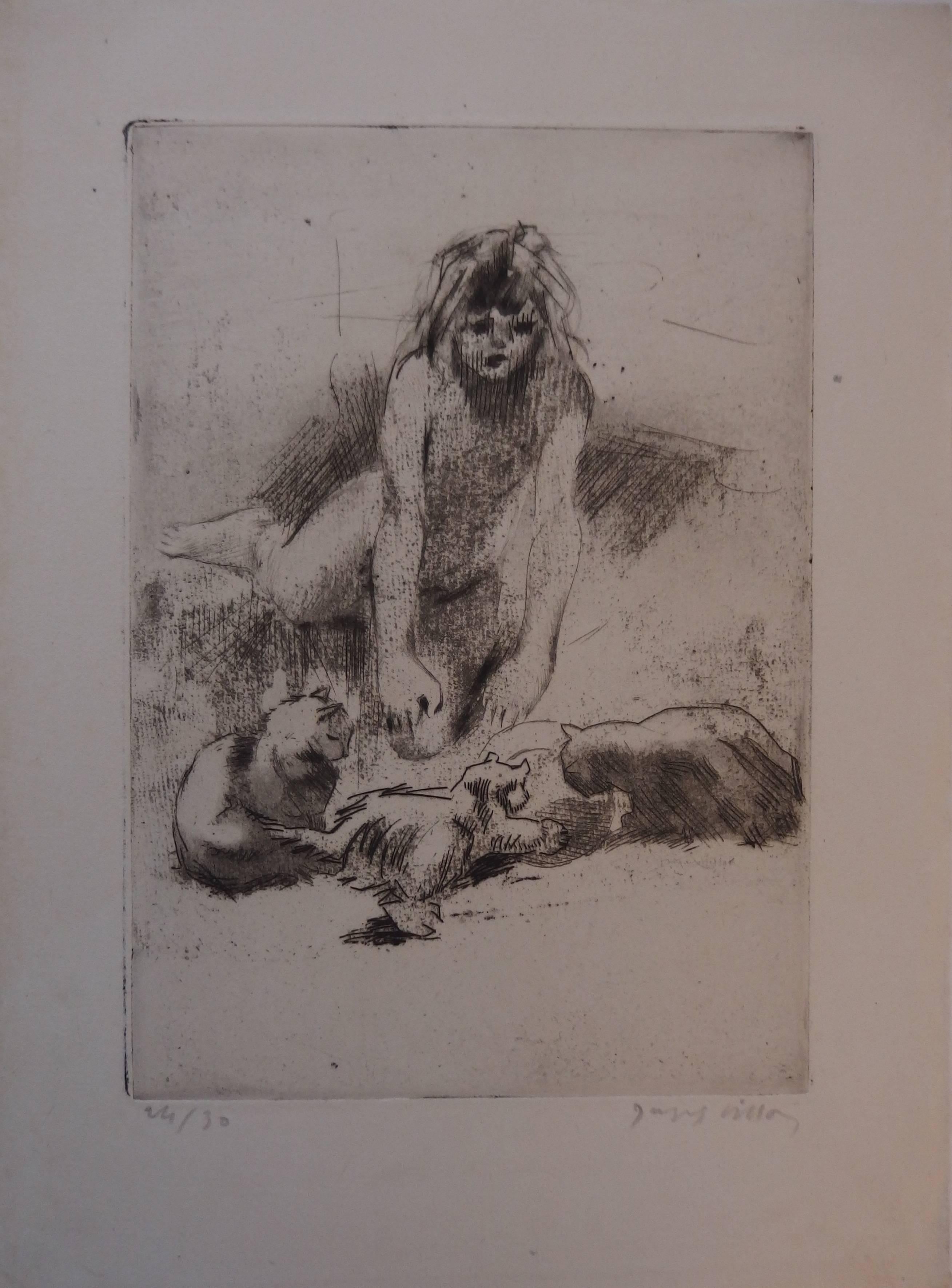 Young Girl with the Cats - Original handsigned etching - 30 copies - Realist Print by Jacques Villon