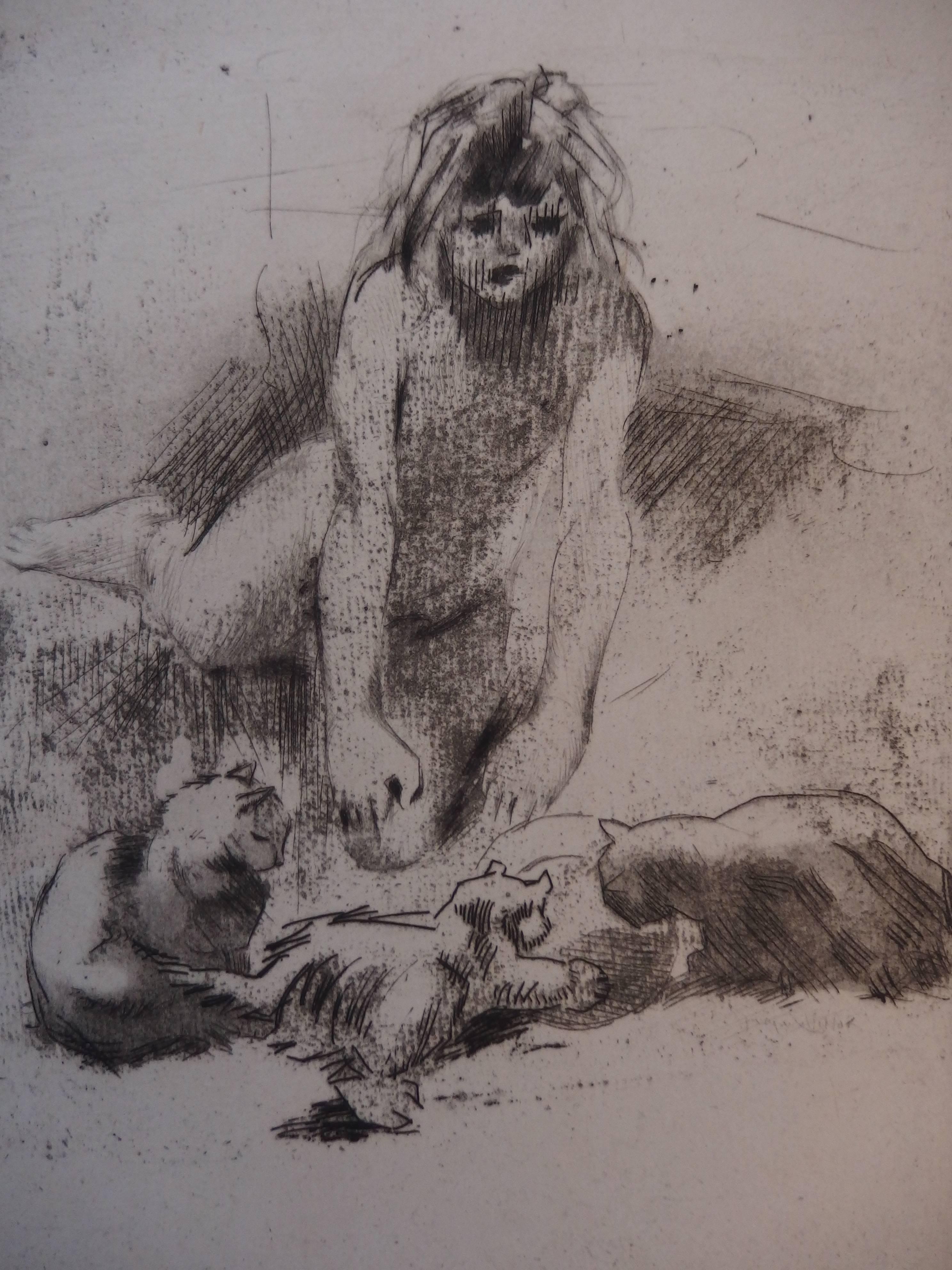 Young Girl with the Cats - Original handsigned etching - 30 copies