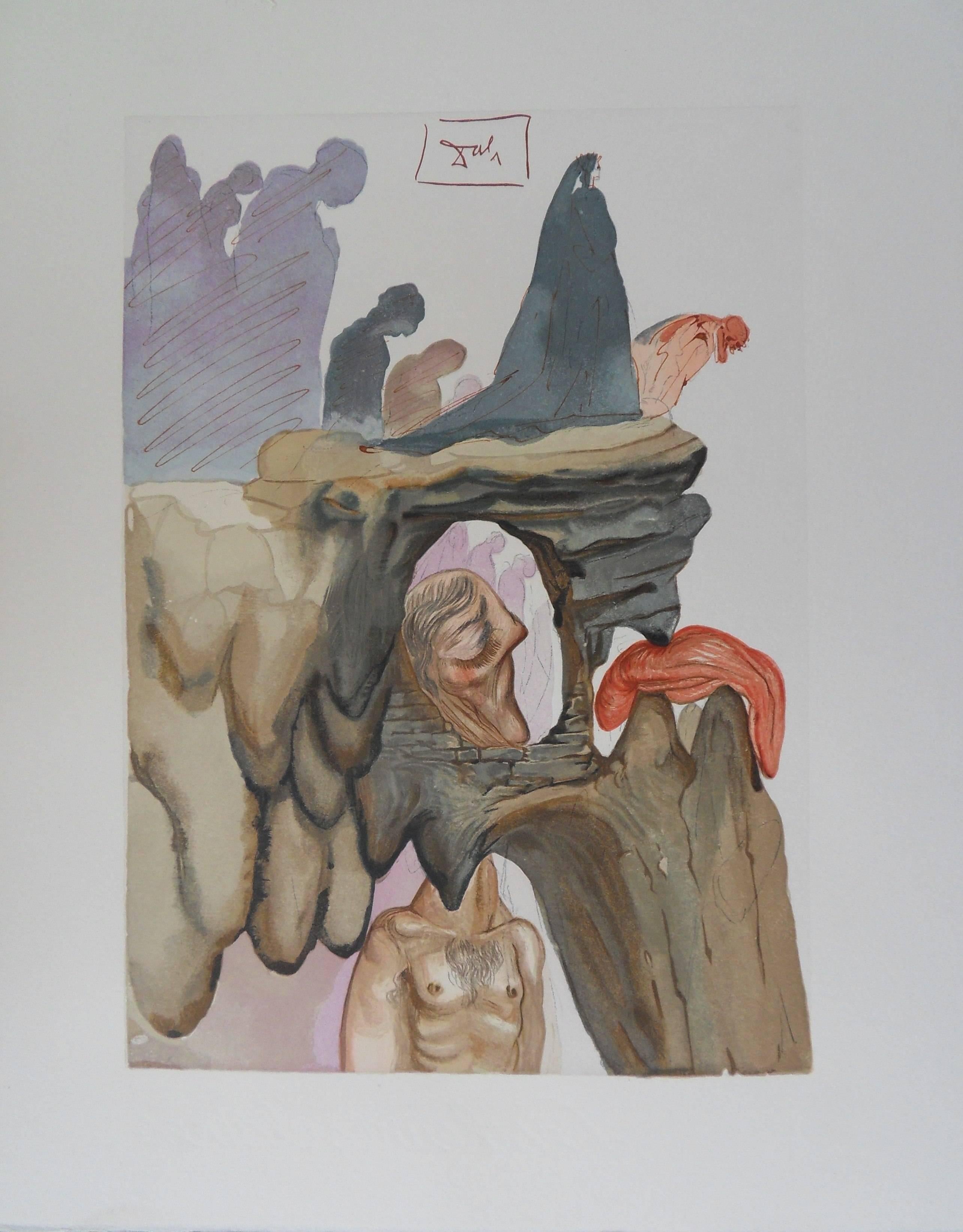 Salvador Dalí Figurative Print - Hell 22 - The Liars  - Woodcut 1963