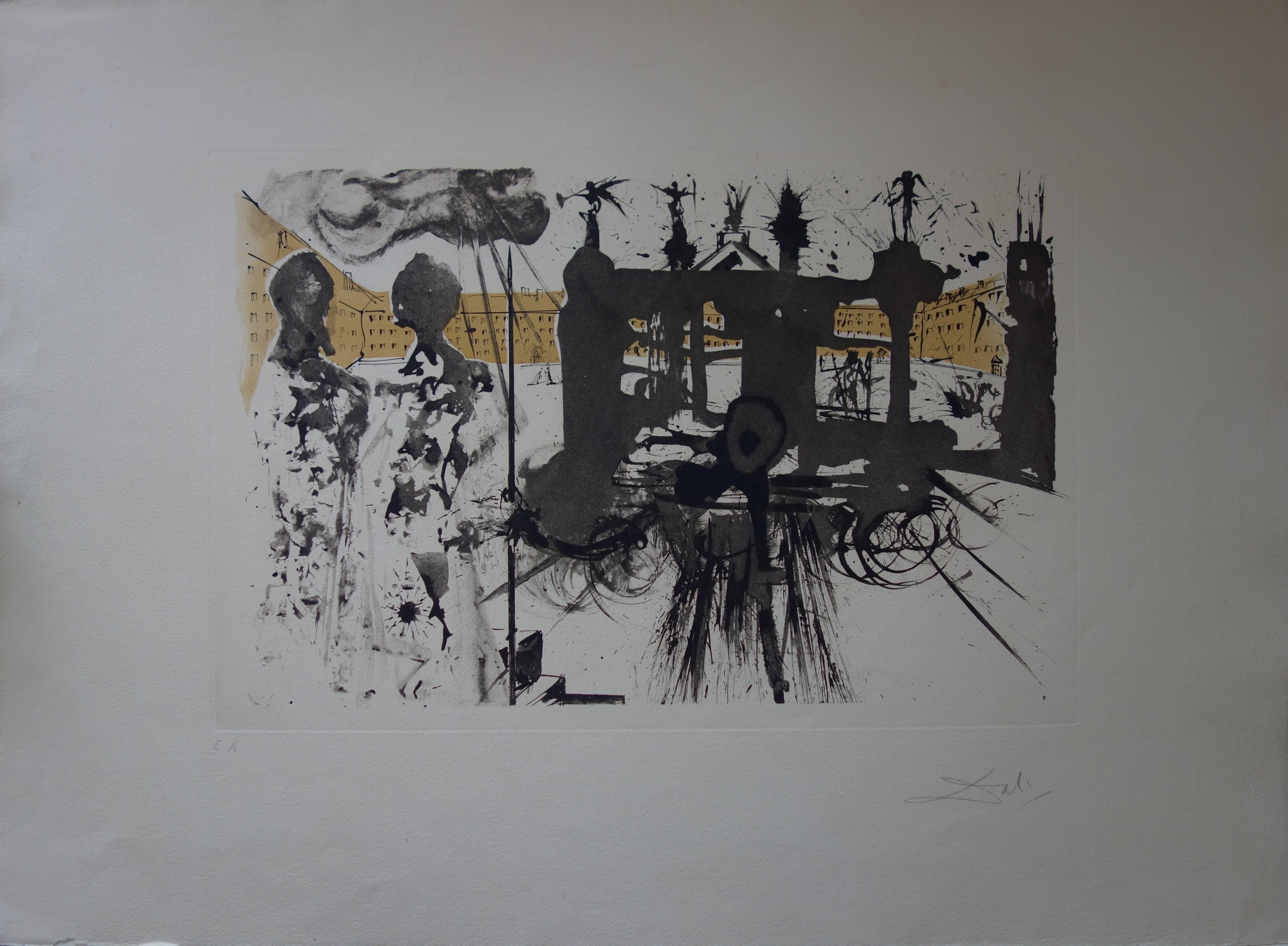 Salvador Dalí Figurative Print - Le Portique - Original etching, Handsigned (1973)