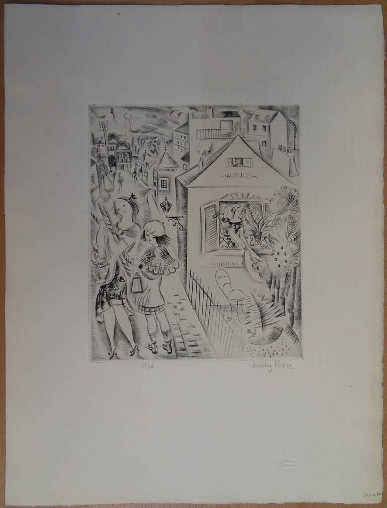 Mily Possoz Figurative Print - Young girls at the market - Etching, Handsigned