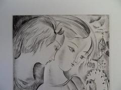 Girls with a parrot - Etching, Handsigned