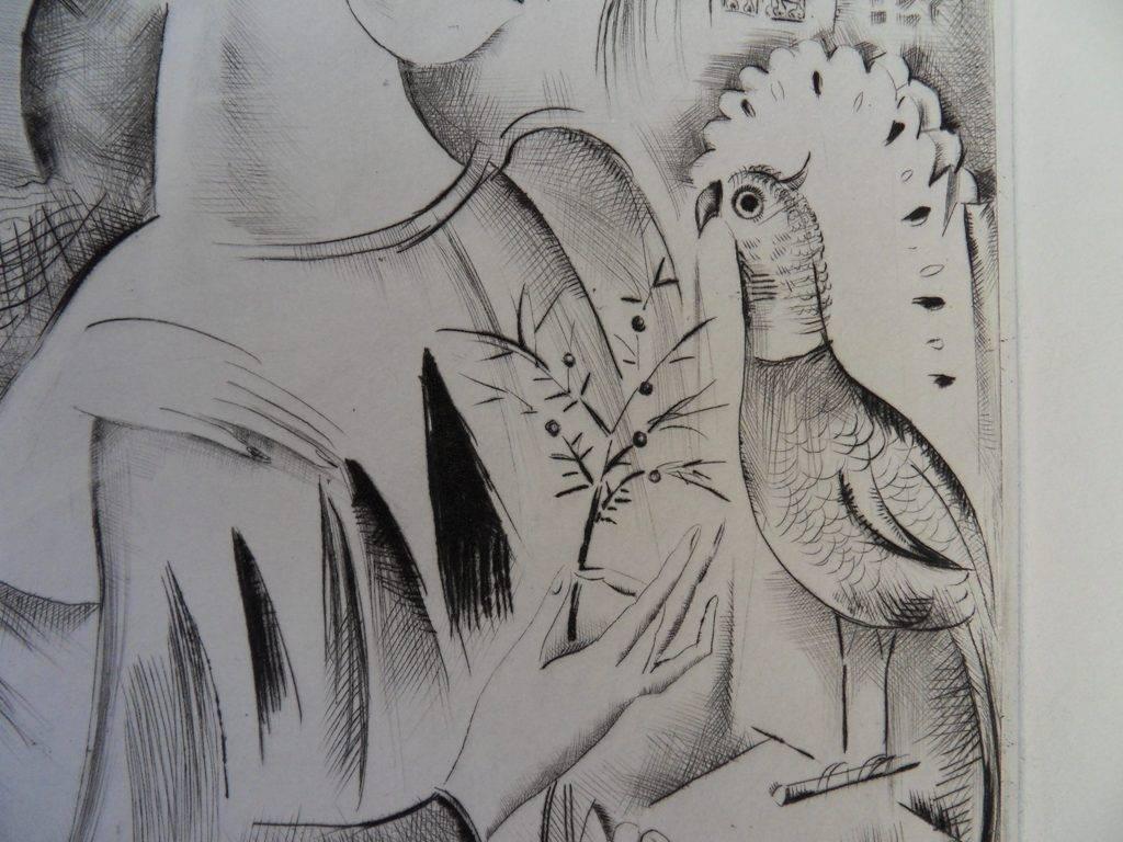 Chicas con un loro - Aguafuerte, Firmado a mano - Figurative Print Gris de Mily Possoz