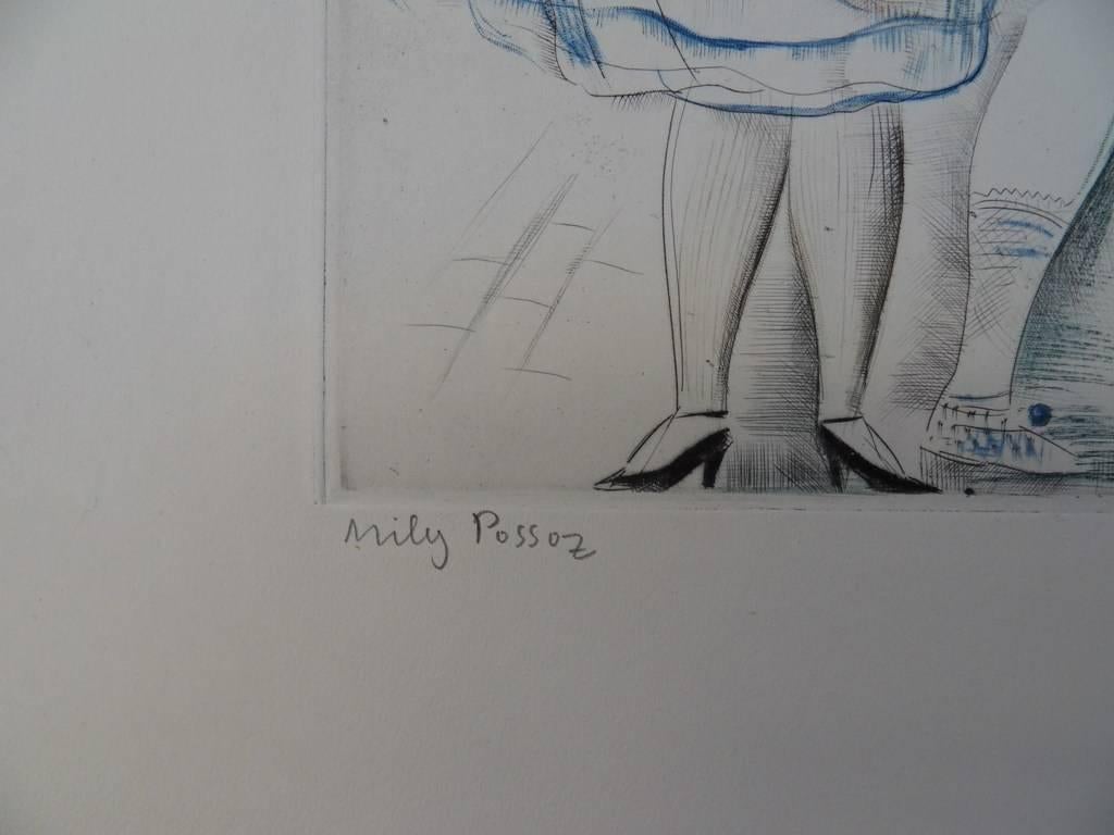 Back from the bakery - Etching and aquatint, Handsigned - Gray Figurative Print by Mily Possoz