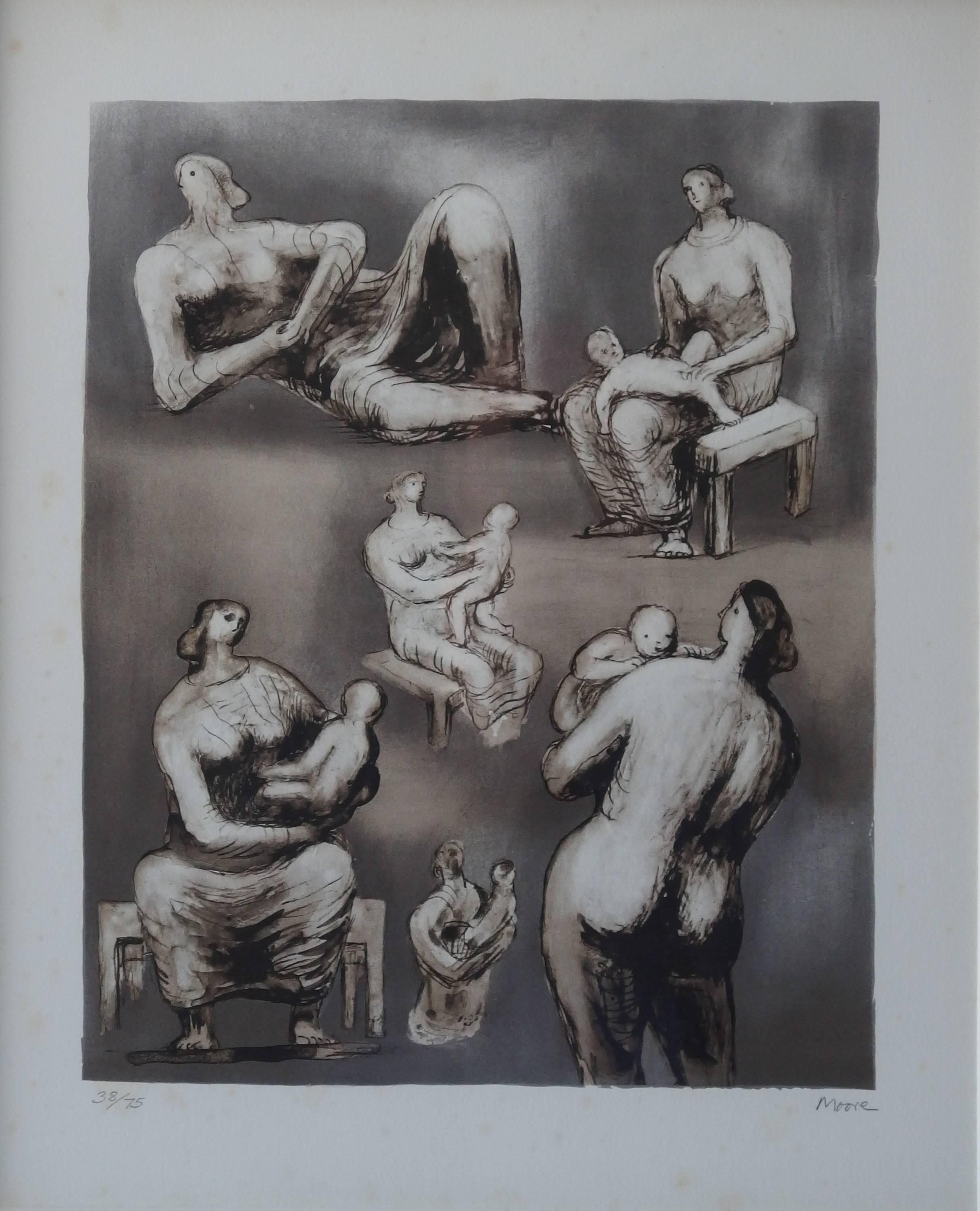 Henry Moore Figurative Print - Mother and Child Studies - Original Handsigned Lithograph - 75 copies