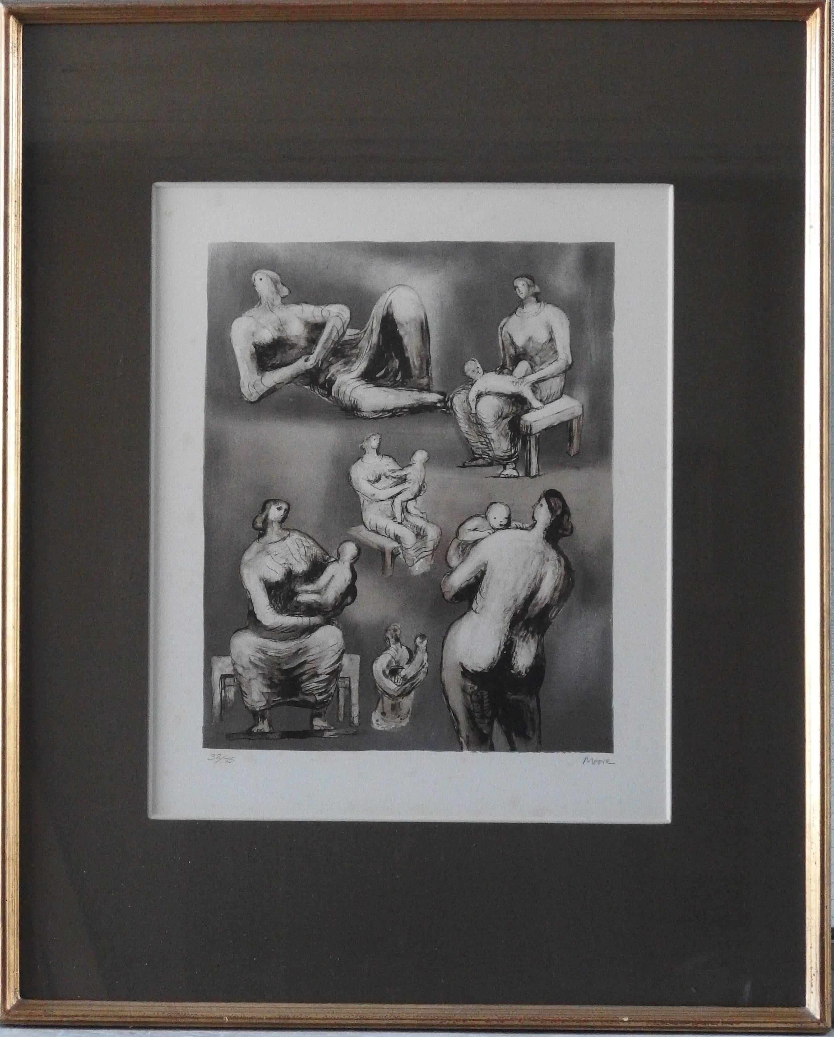 Mother and Child Studies - Original Handsigned Lithograph - 75 copies - Gray Figurative Print by Henry Moore