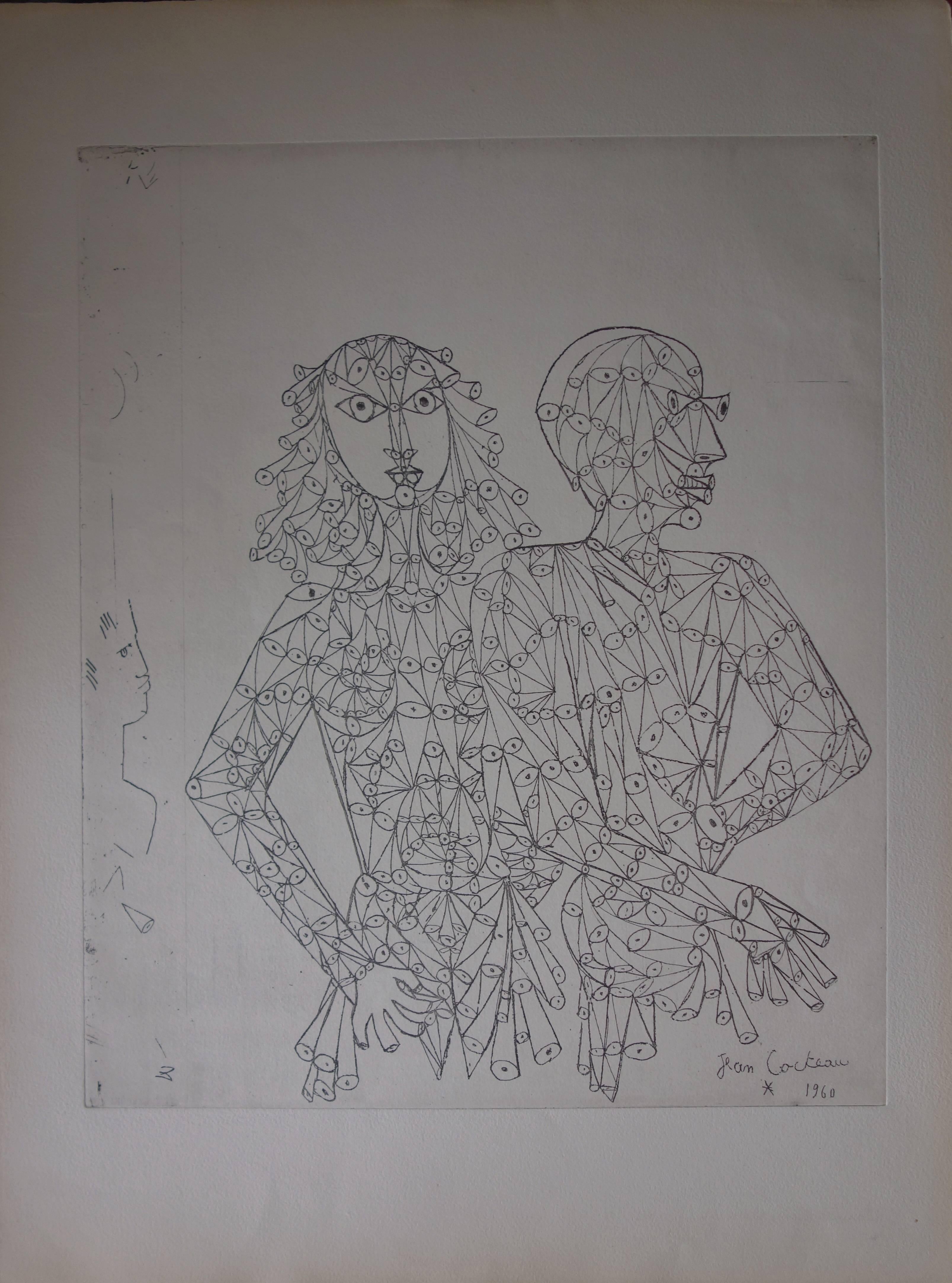 Figurative Print Jean Cocteau - Le couple - gravure à l'eau-forte (vers 1960)