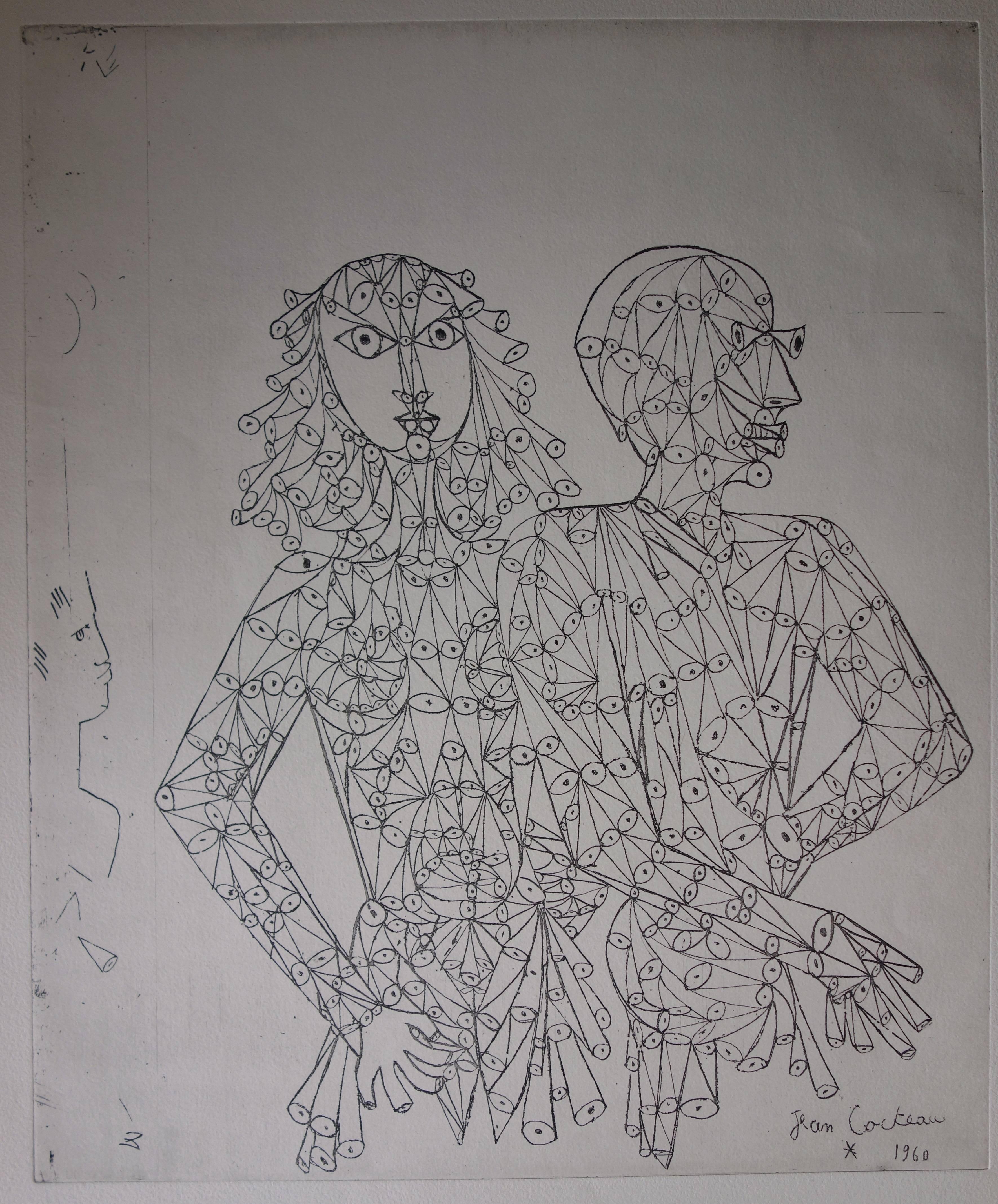 Le couple - gravure à l'eau-forte (vers 1960) - Print de Jean Cocteau