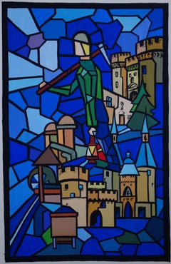 Mittelalterliche Szene mit einem Schloss - Original-Gouache-Gemälde - Signiert
