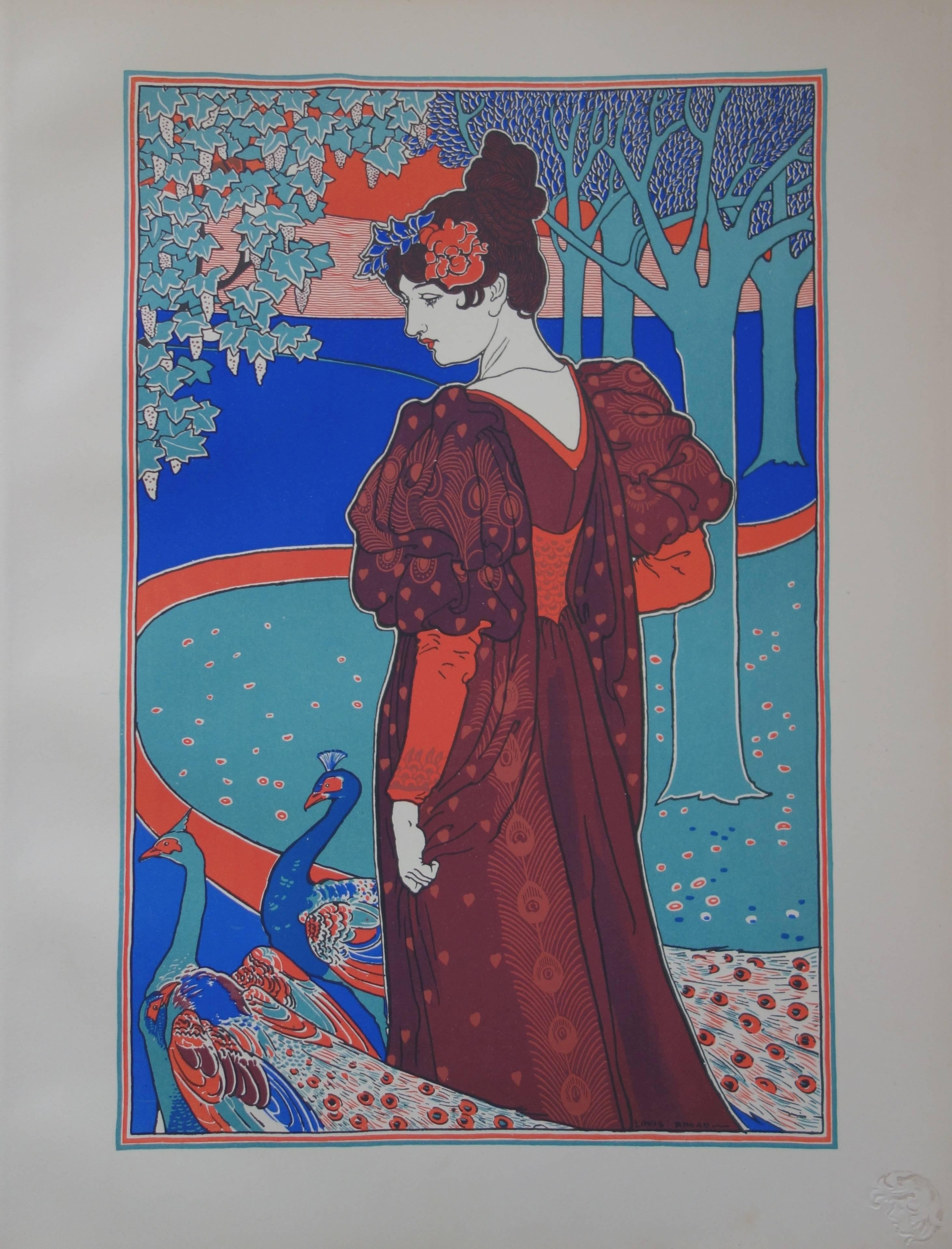 Louis Rhead Figurative Print - La femme au paon - original lithograph (1897/98)