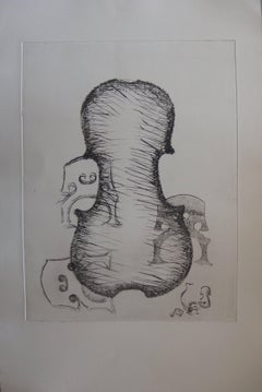 Violín y puentes - Grabado original - 979