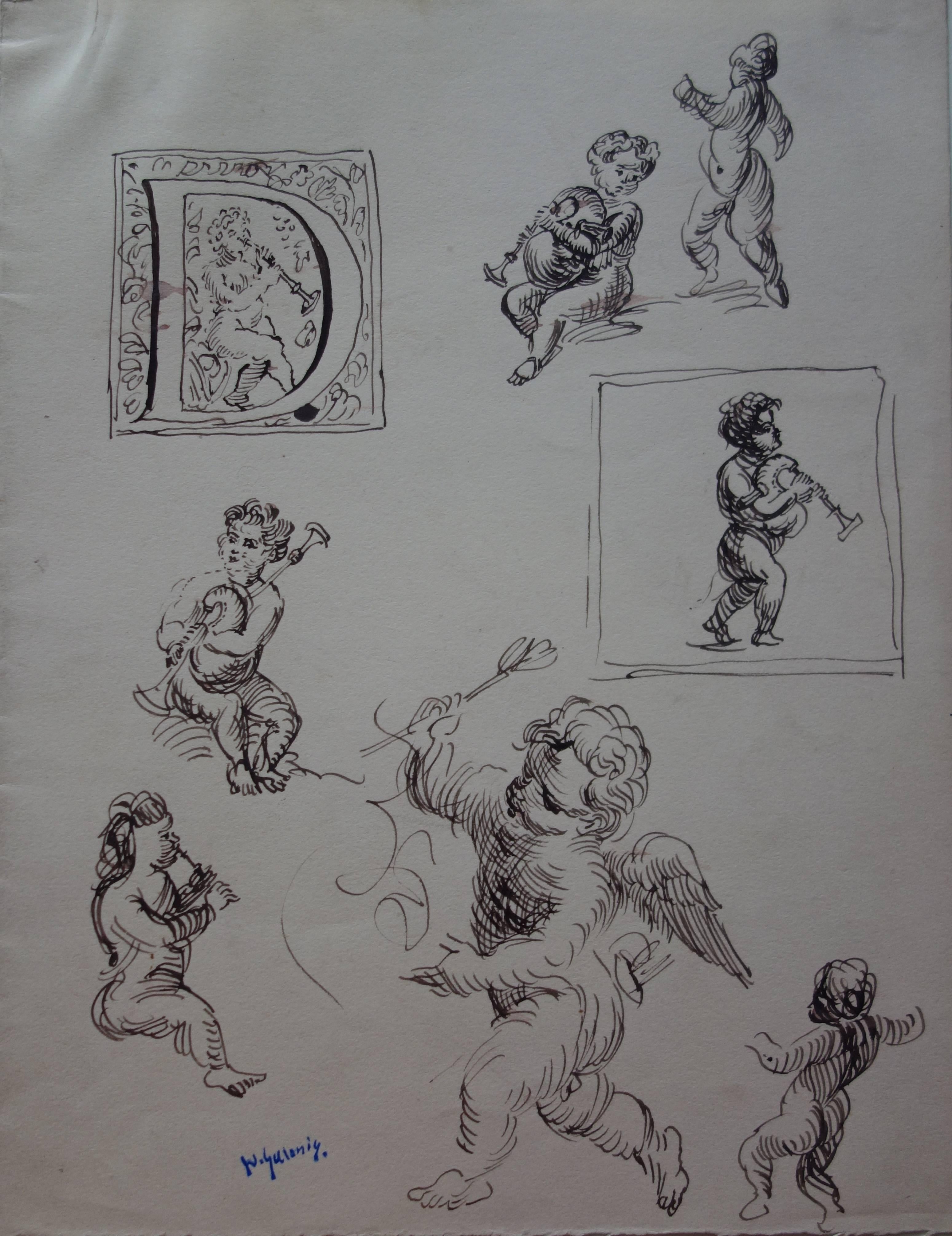 Demetrios Galanis Figurative Art - Studies of Angels - Original Ink Drawing - Signed 