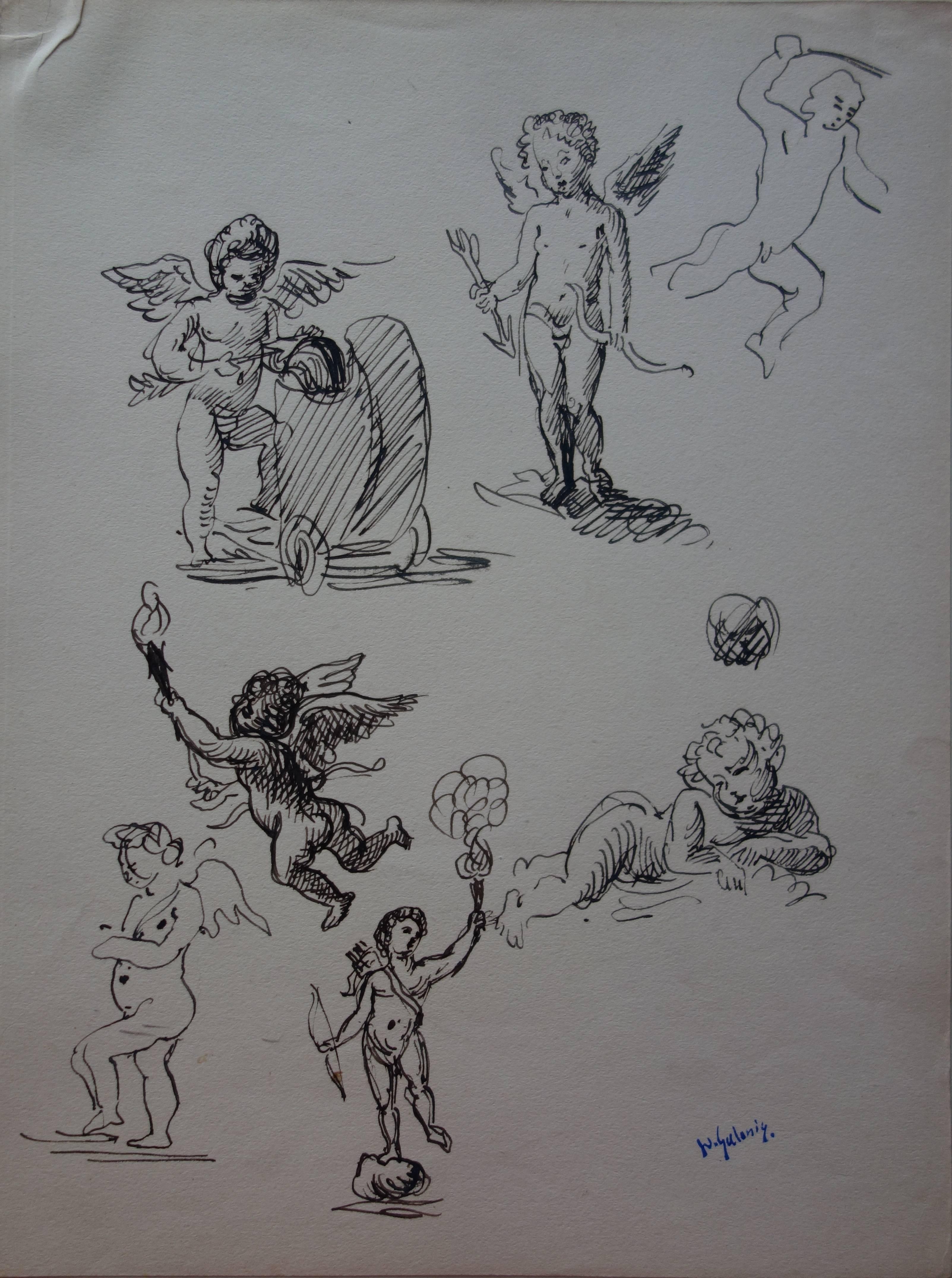 Demetrios Galanis Figurative Art - Studies of Cupid - Original Ink Drawing - Signed