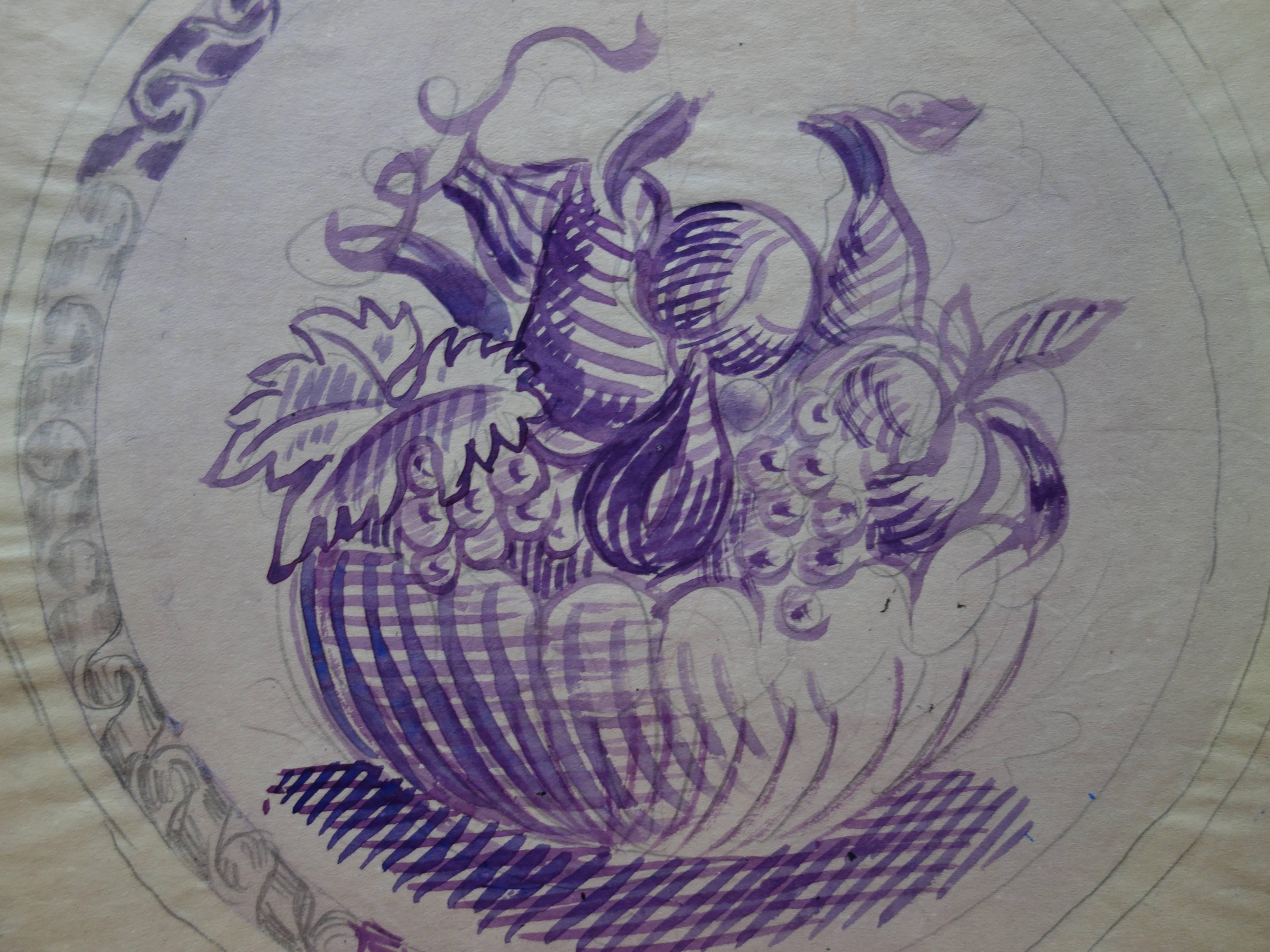 Sommergefäße: Früchte, Birnen und Trauben - Original Tintenzeichnung - Signiert (Realismus), Art, von Demetrios Galanis