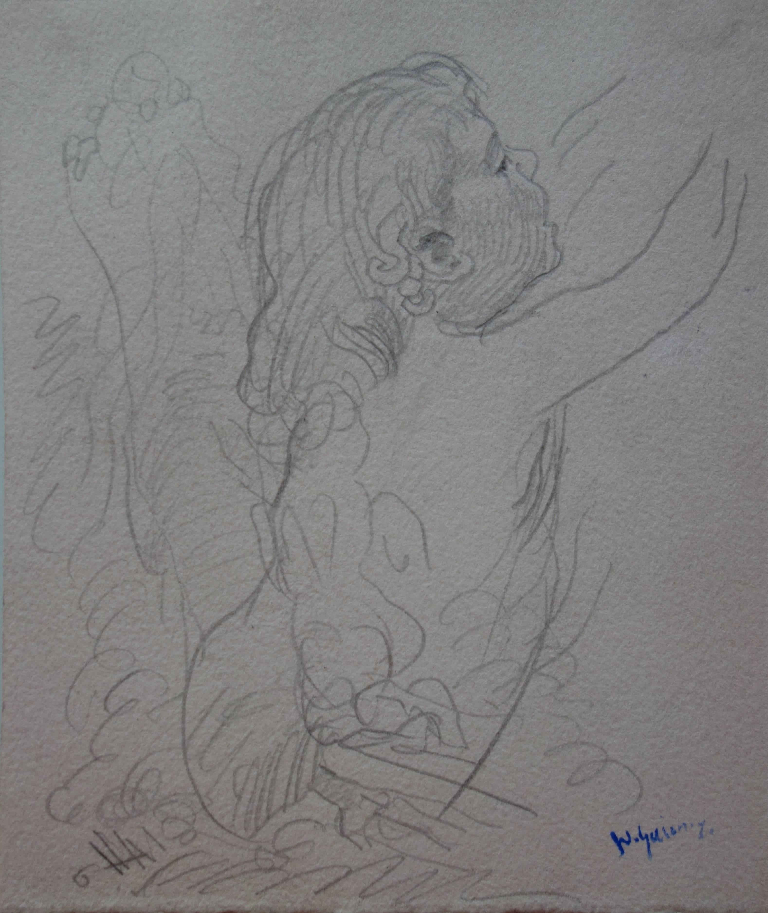 Figurative Art di Demetrios Galanis - Bambino che raccoglie frutta - Disegno originale a matita - Firmato
