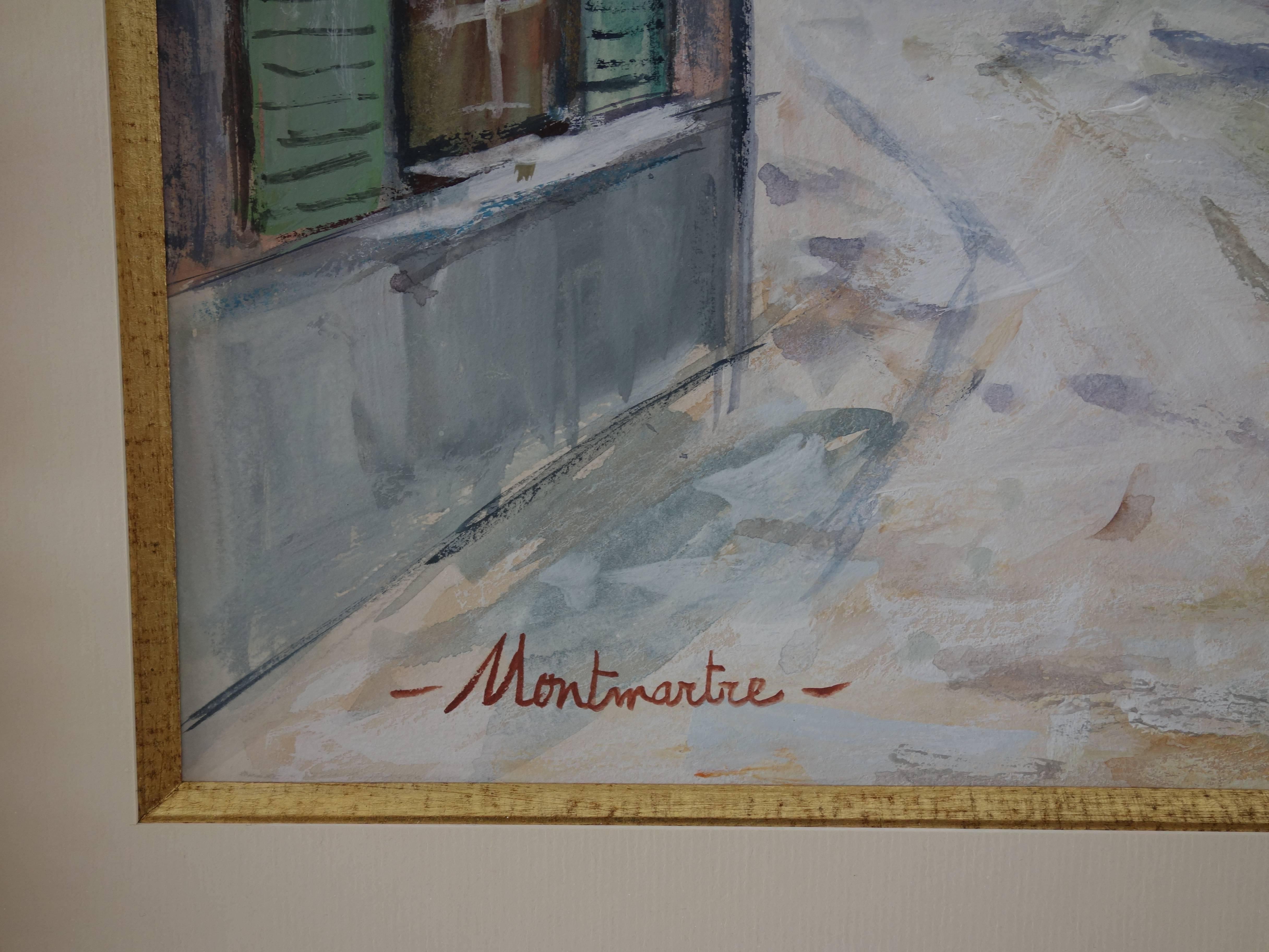 París : Día de invierno en Montmartre - Pintura al gouache original firmada - Certificado - Landscape Painting Gris de Maurice Utrillo